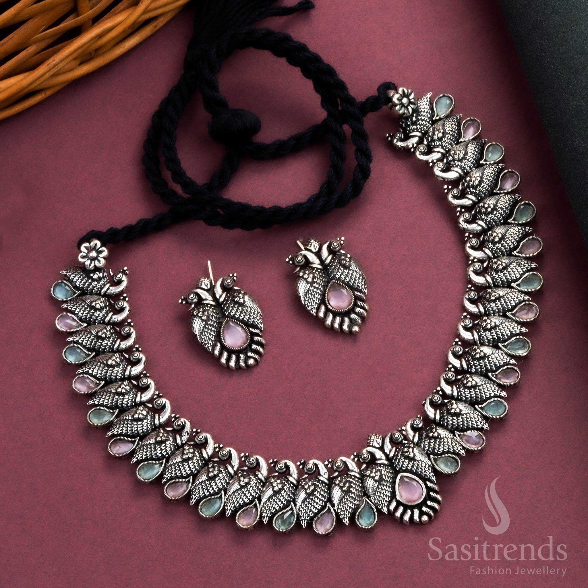 Latest Kushi Oxidised Silver Peacock Necklace with Tear Drop Stones & Matching Stud for Party Wear Necklace Jewellery Set - Image 11