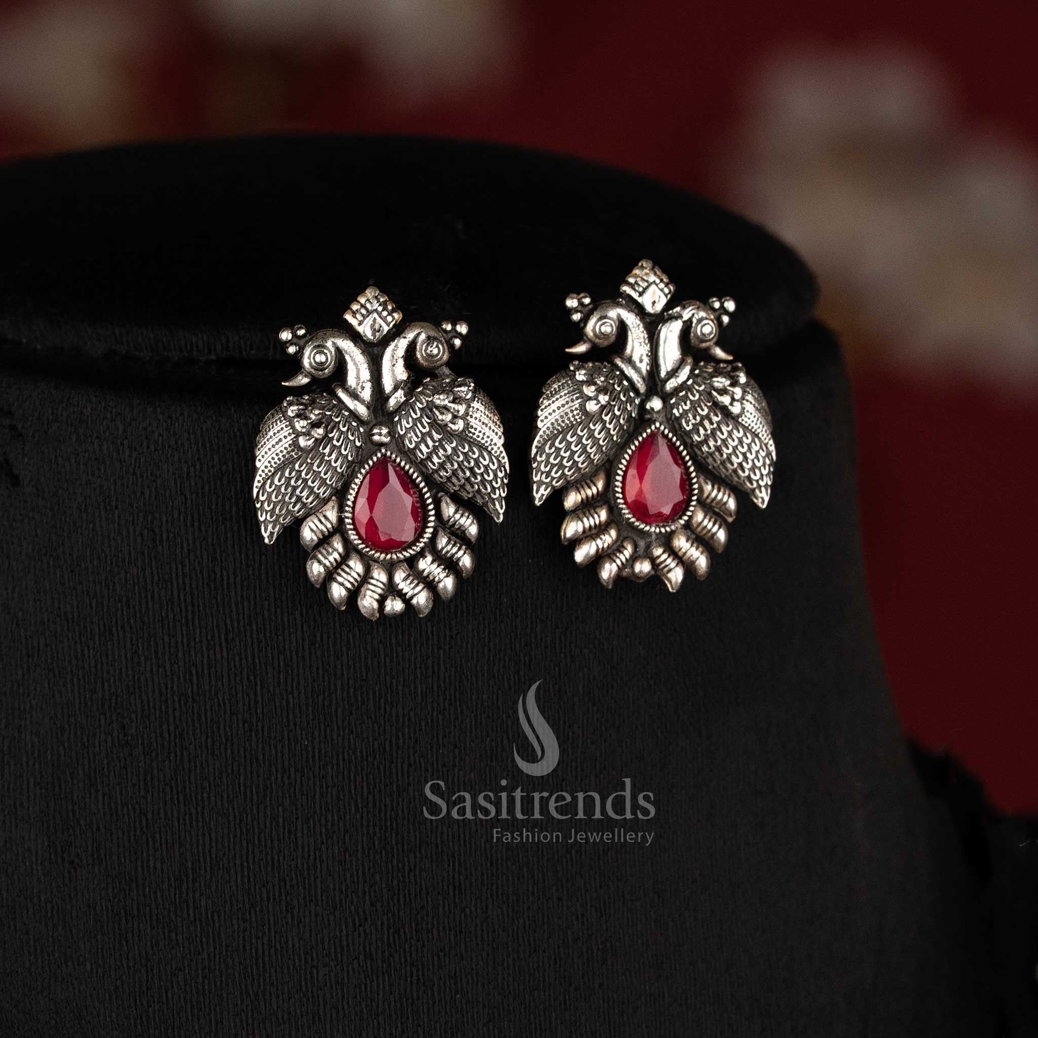 Latest Kushi Oxidised Silver Peacock Necklace with Tear Drop Stones & Matching Stud for Party Wear Necklace Jewellery Set - Image 3