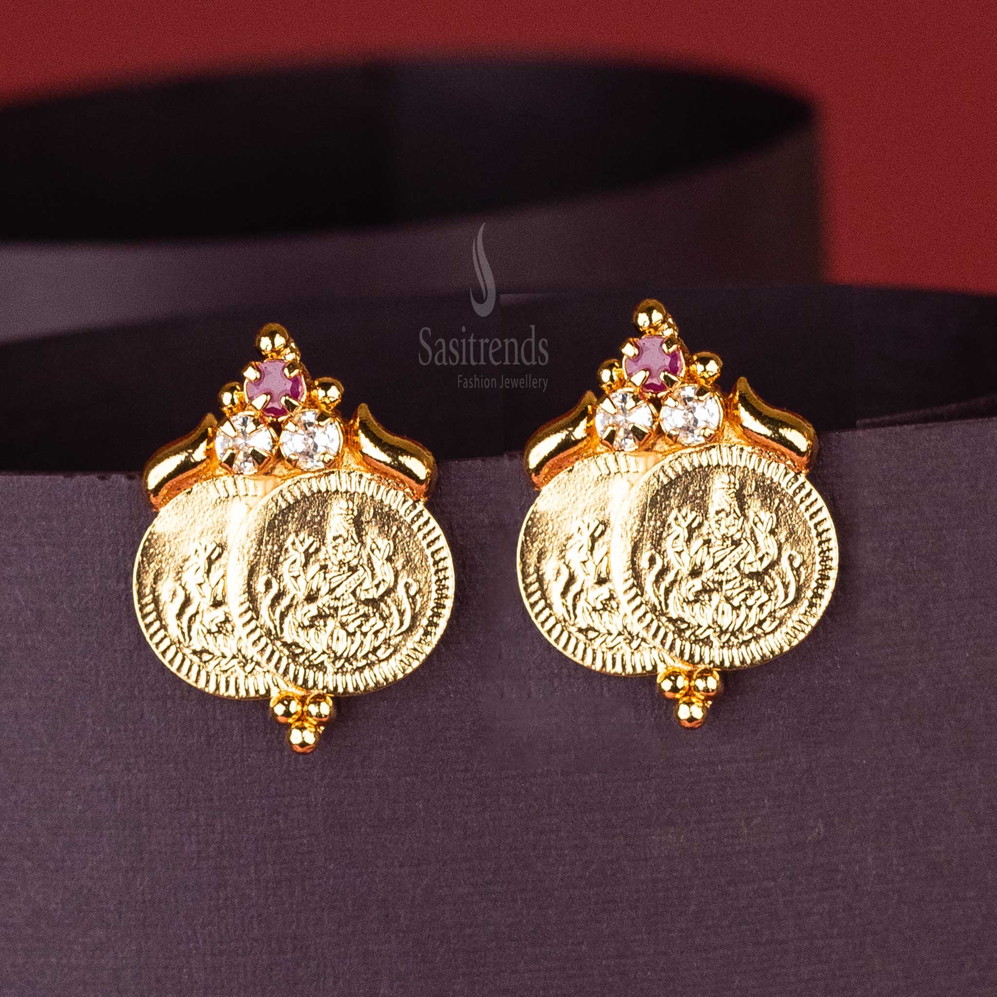 Double Lakshmi Coin Kerala Style Earrings with AD Stones - 24K Micro Gold Plated | Sasitrends - Image 5