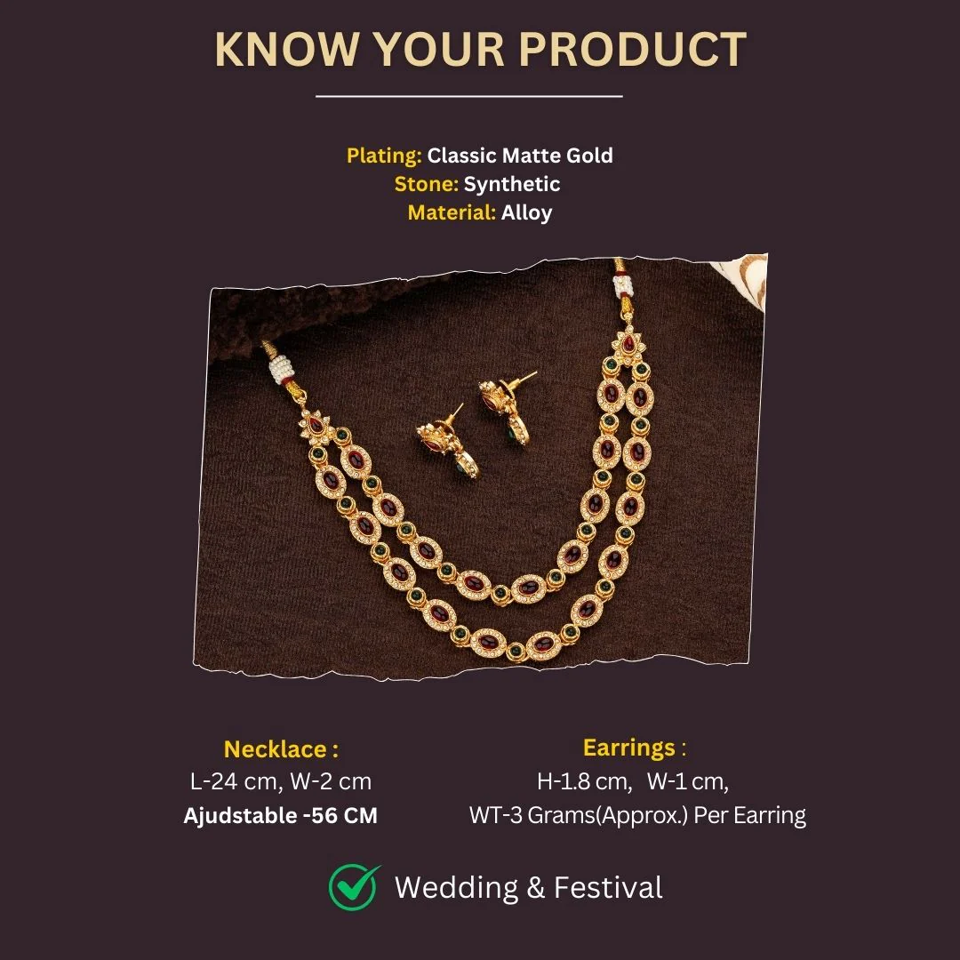 Gorgeous Double Layer Classic Matte Gold Plated Temple Necklace Jewellery Set - Sasitrends - Image 3
