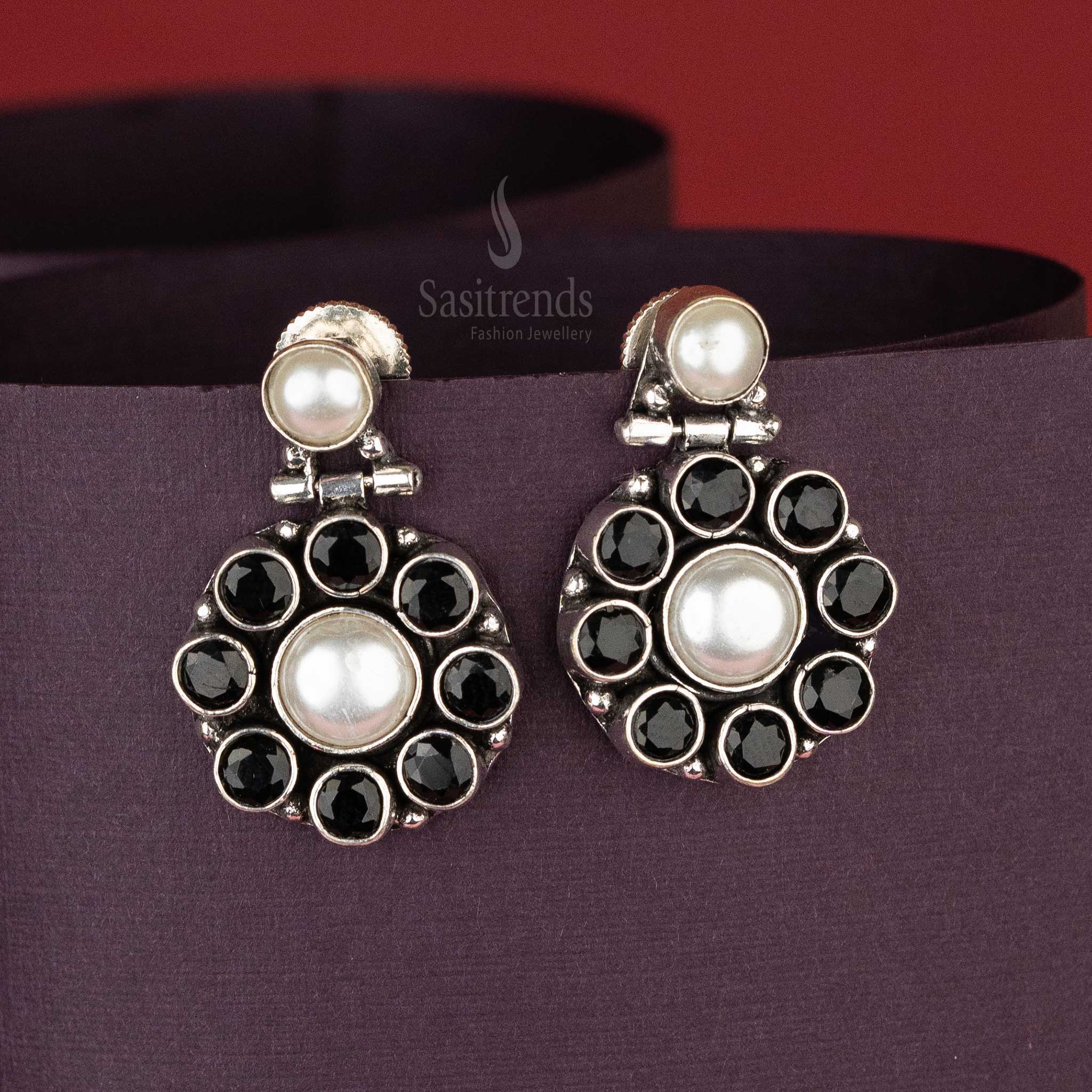 Sasitrends - Trendy Oxidised Pearl Drop Earrings with Circular Stone Accents – Dual Pearl Design - Image 2