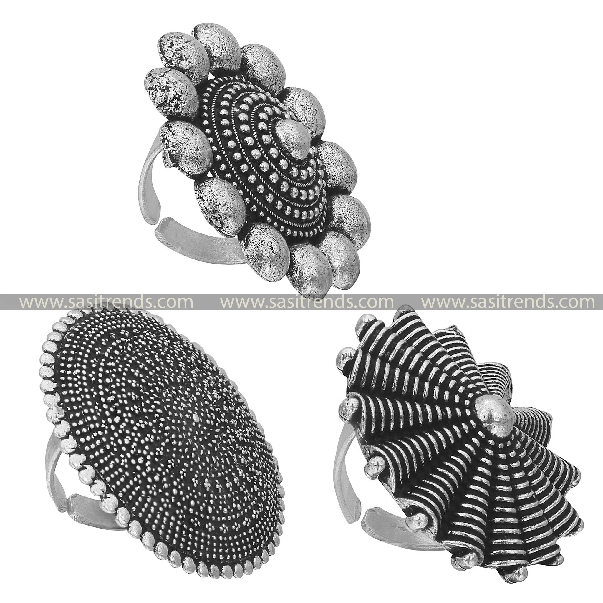 Eclectic Trio Oxidised Silver Adjustable Rings Set for Women & Girls - Image 8