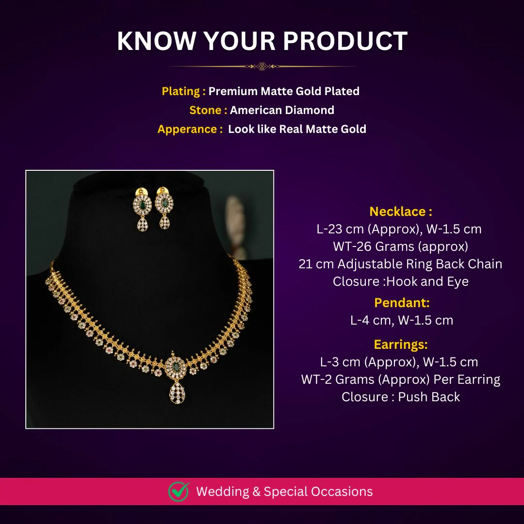 Elegant Matte Gold Finish Necklace Jewellery Set with American Diamond Stones - Party Wear | Sasitrends - Image 2