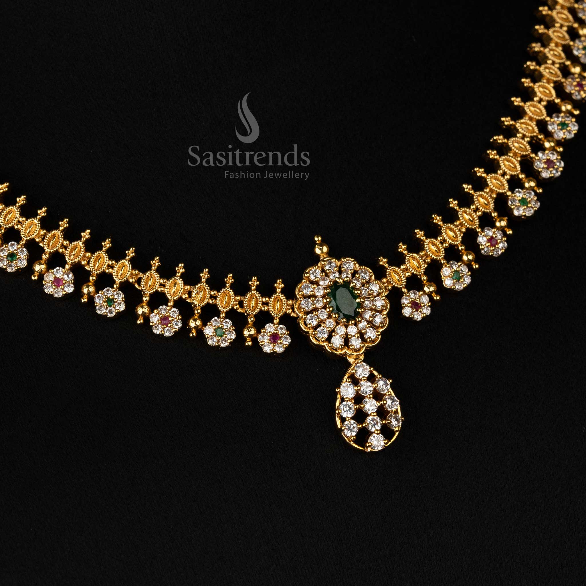 Elegant Matte Gold Finish Necklace Jewellery Set with American Diamond Stones - Party Wear | Sasitrends - Image 3