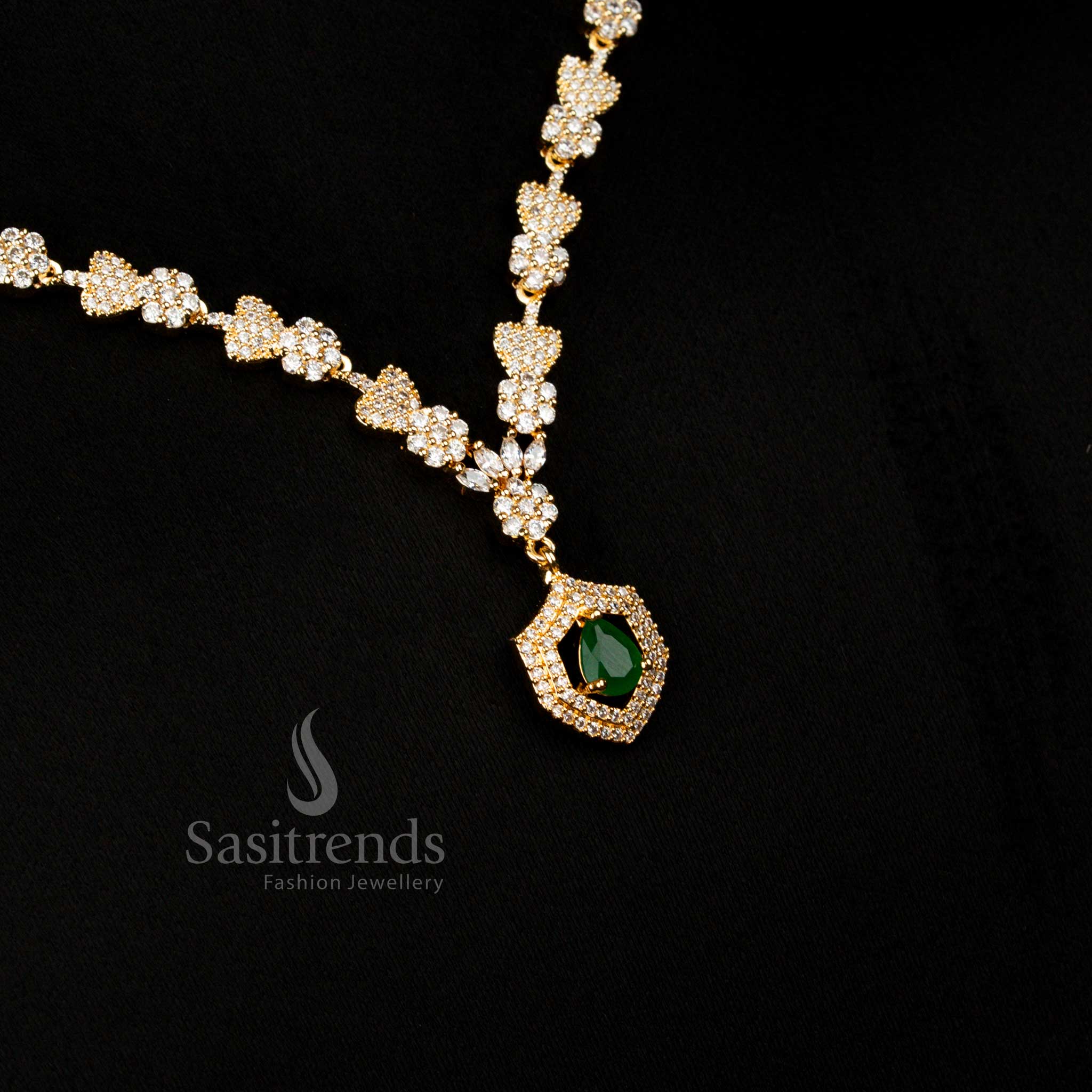 Stylish American Diamond Heart and Floral Necklace Jewellery Set with Teardrop Stone Pendant for Party Wear - Image 10