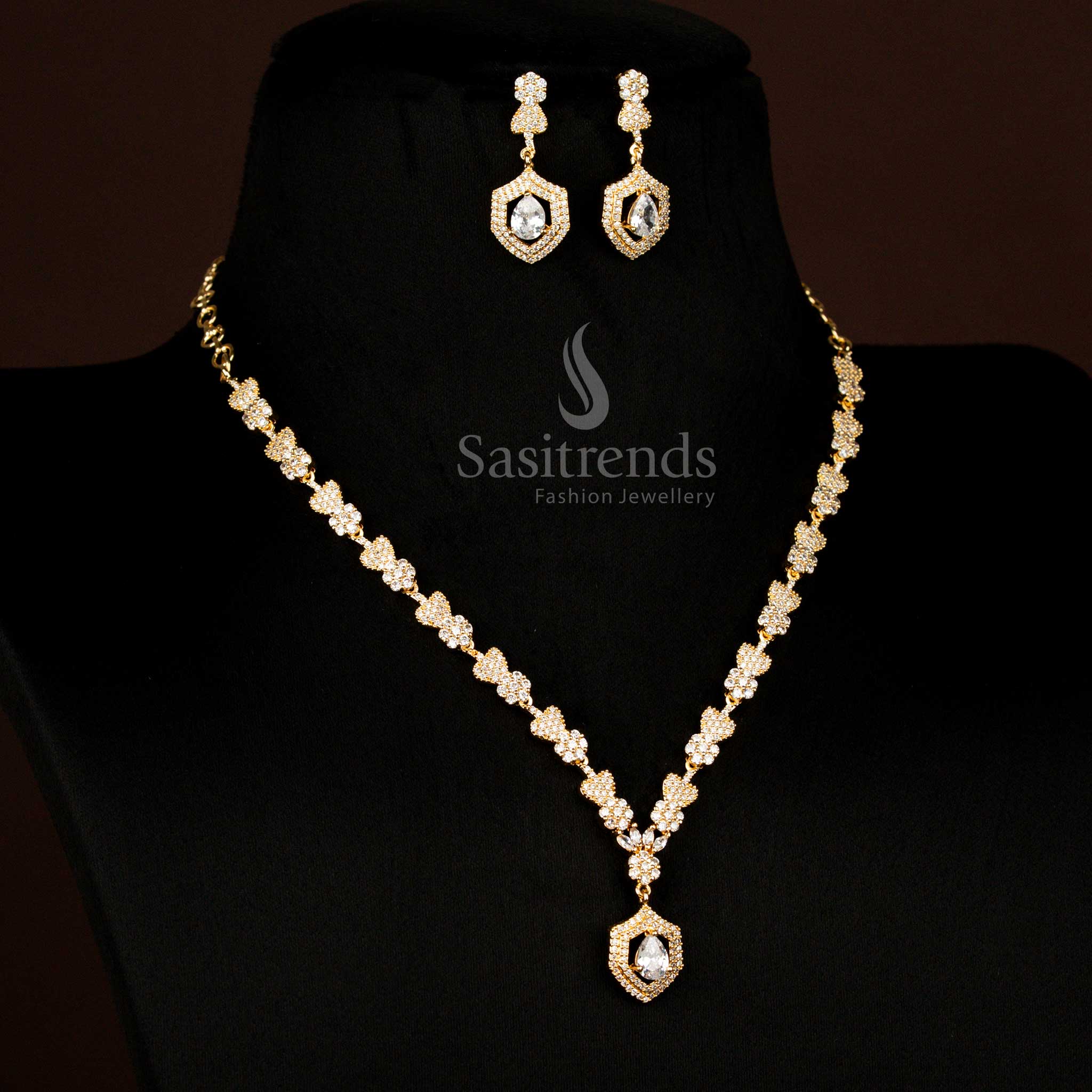 Stylish American Diamond Heart and Floral Necklace Jewellery Set with Teardrop Stone Pendant for Party Wear - Image 7