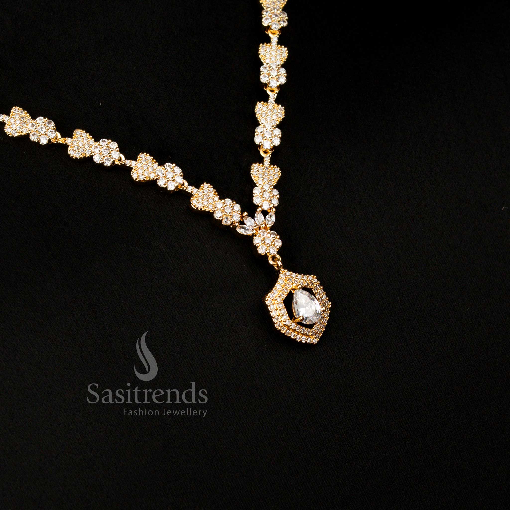 Stylish American Diamond Heart and Floral Necklace Jewellery Set with Teardrop Stone Pendant for Party Wear - Image 8
