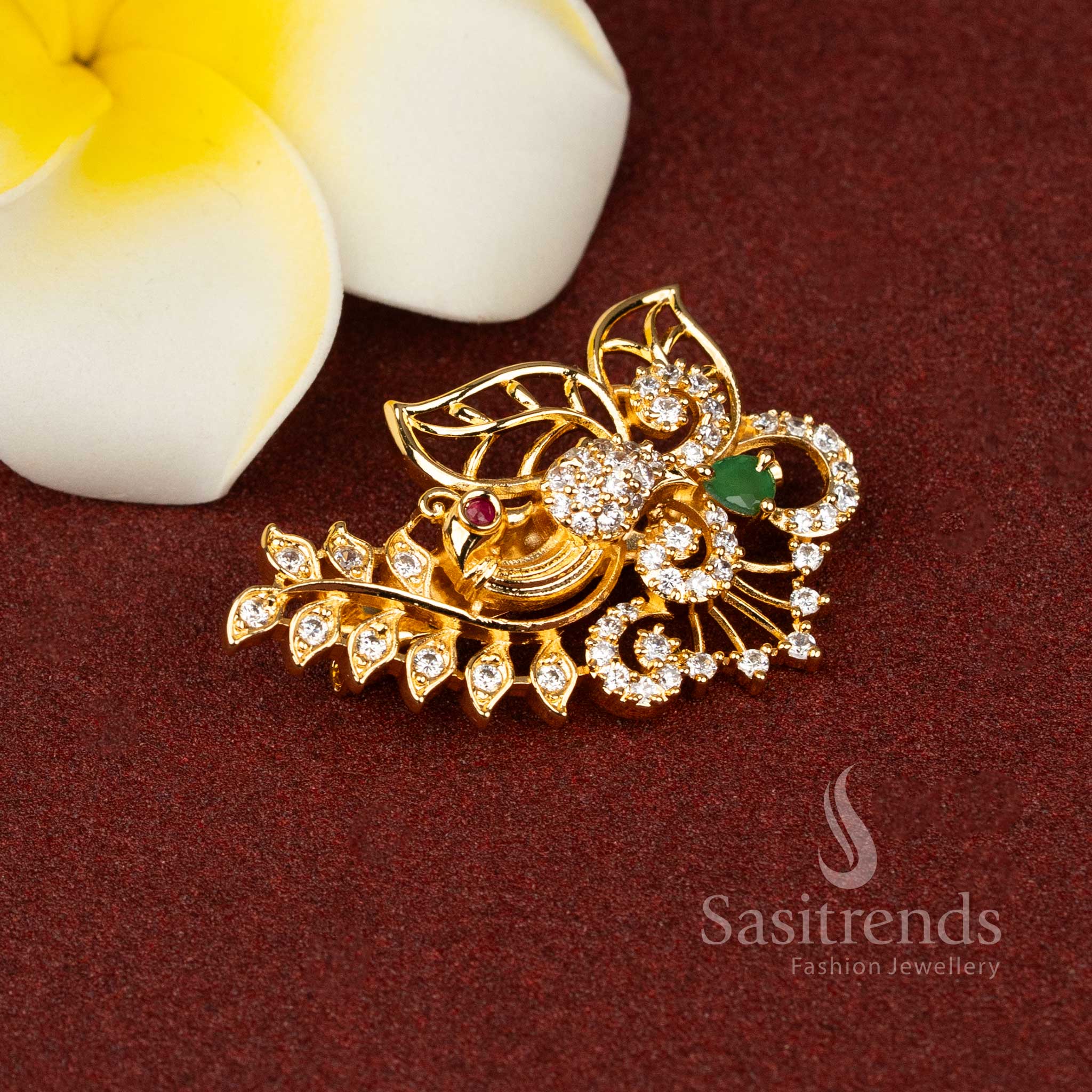 Elegant American Diamond Leaf Floral Peacock Saree Pin with Micro Gold and Mahendi Finish for Bridal, Festive Wear - Image 6