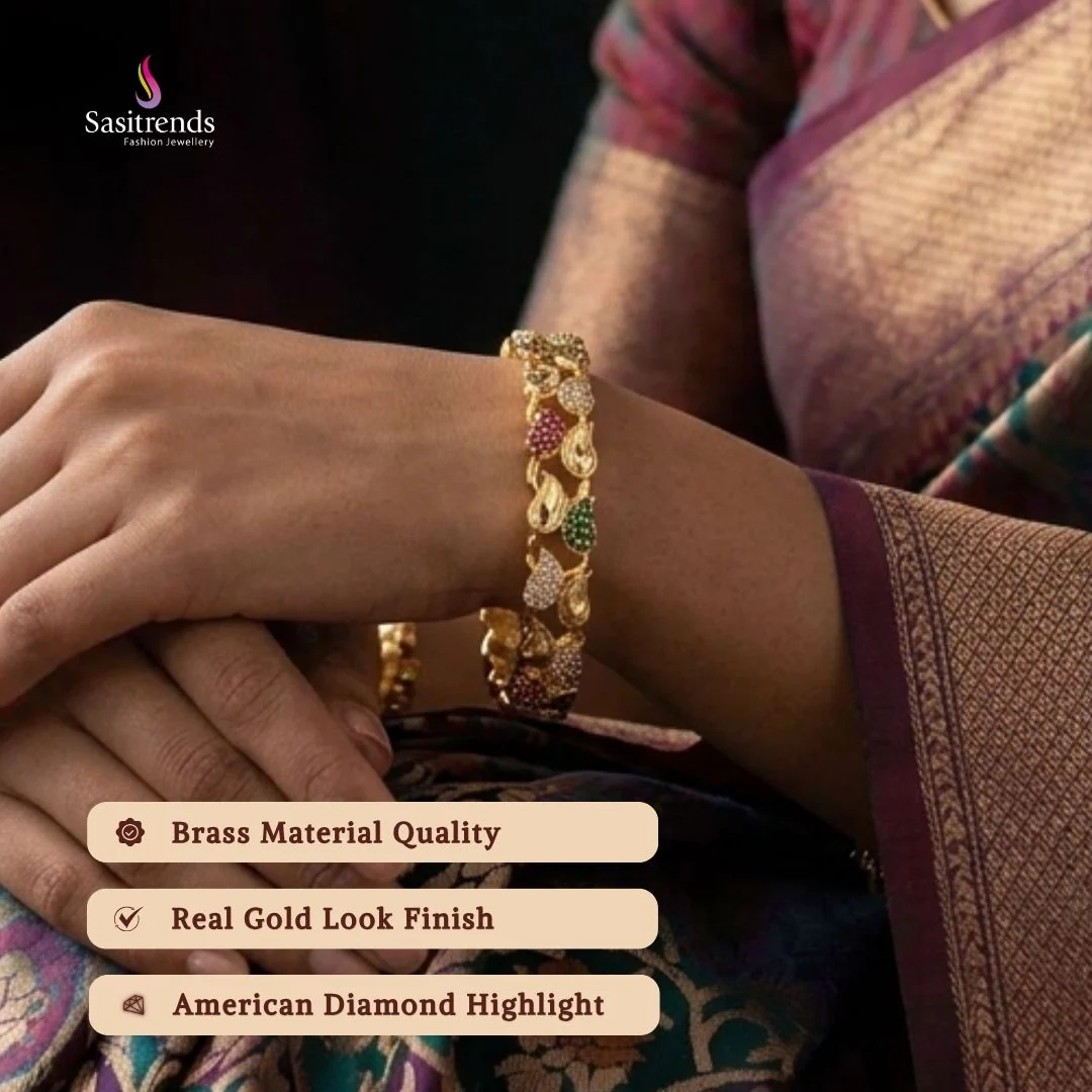 Elegant American Diamond Multi-Color Leaf Pattern Micro Gold Plated Bangles | Traditional Jewellery for Women - Sasitrends - Image 2