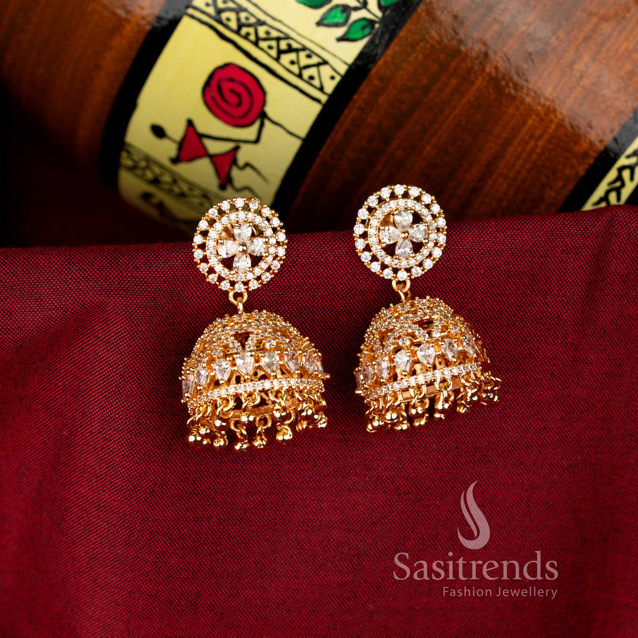 Guaranteed American Diamond 24K Micro Gold Plated Big Jhumka Earrings Collection - Image 4
