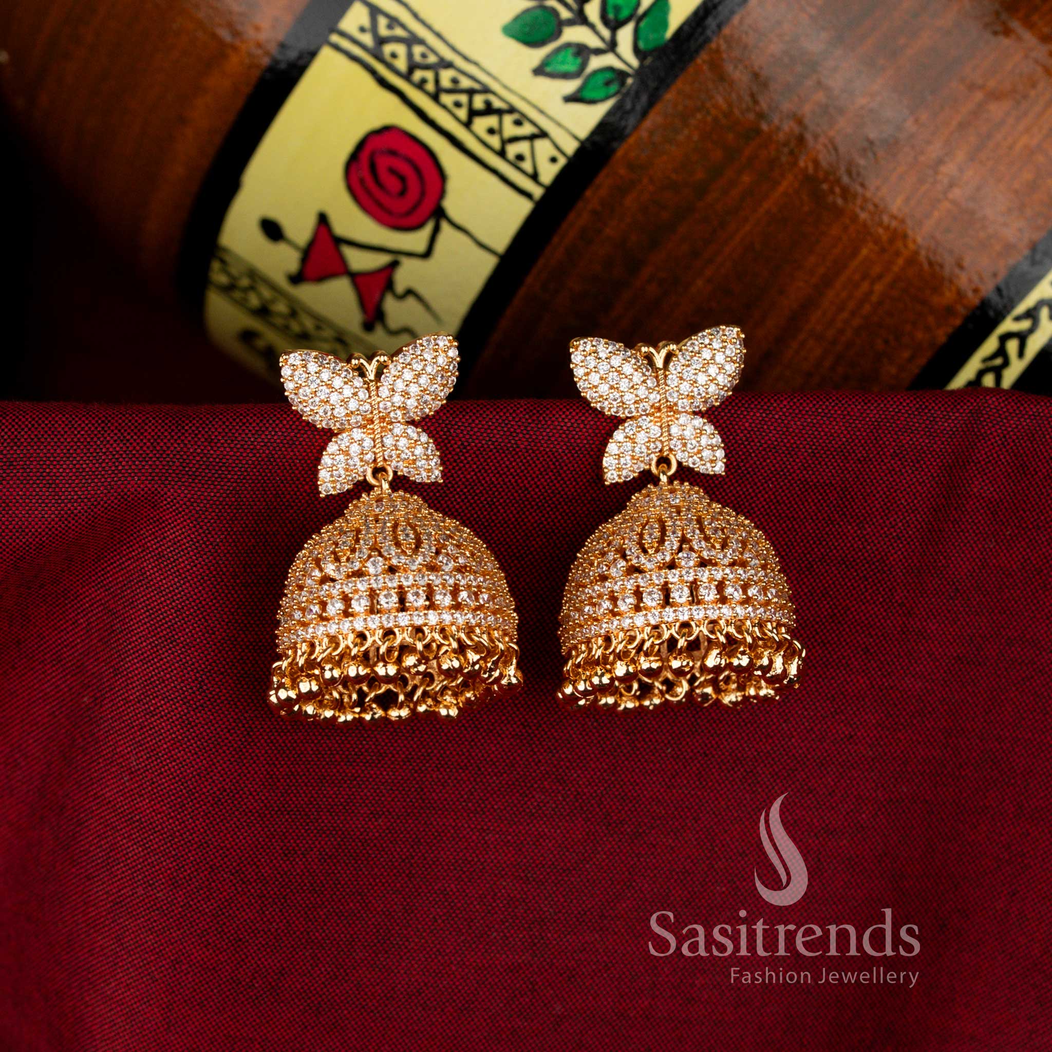Guaranteed American Diamond 24K Micro Gold Plated Big Jhumka Earrings Collection - Image 7