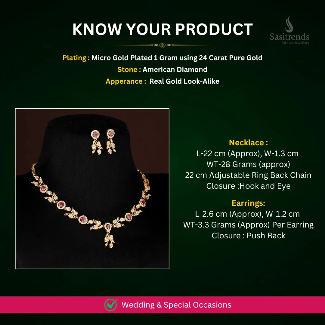 Elegant American Diamond Micro Gold Plated Floral Vine Necklace Jewellery Set for Bridal, Festive, and Party Wear - Image 2