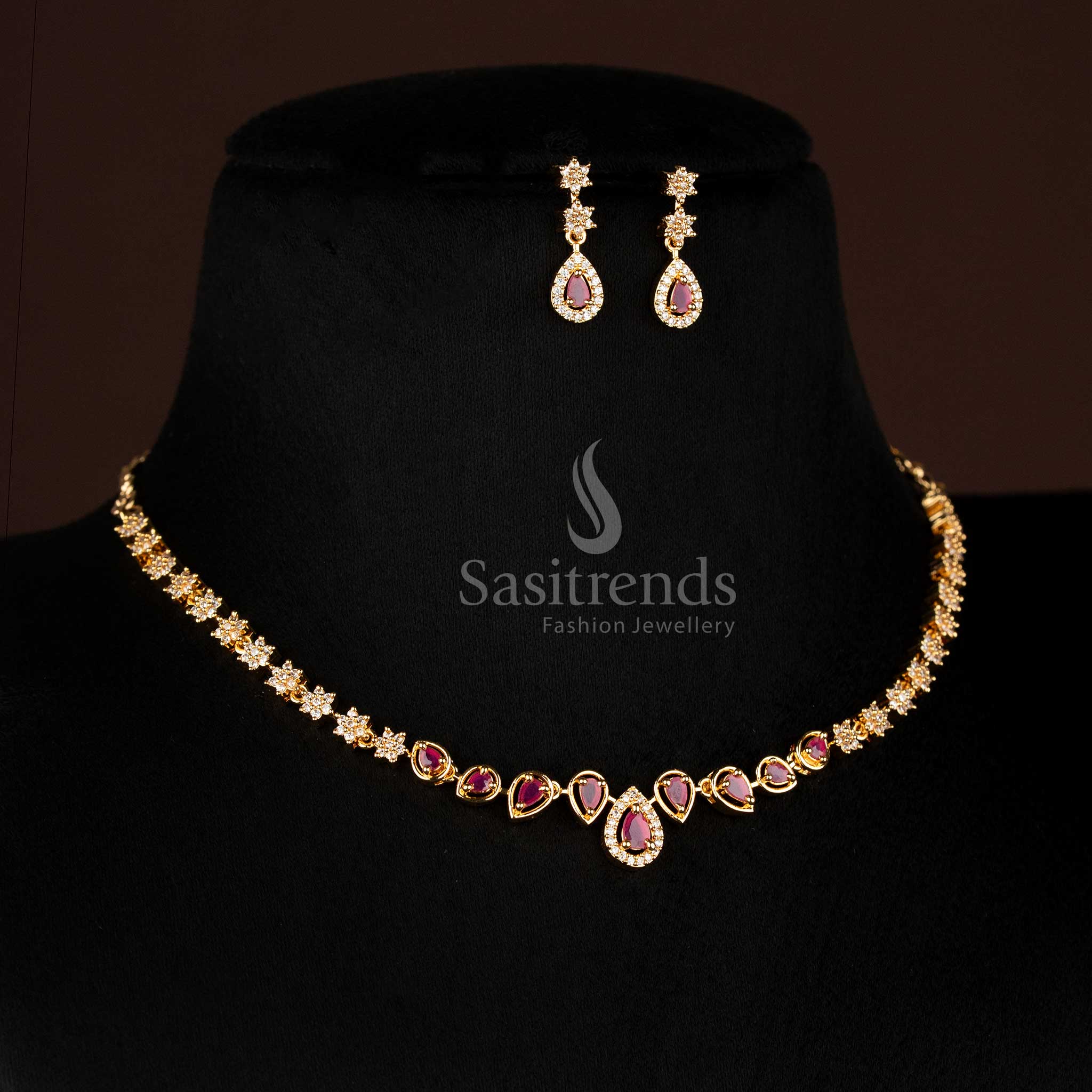 Elegant American Diamond Micro Gold Teardrop Floral Studded Necklace Jewellery Set for Bridal, Festive Occasions
