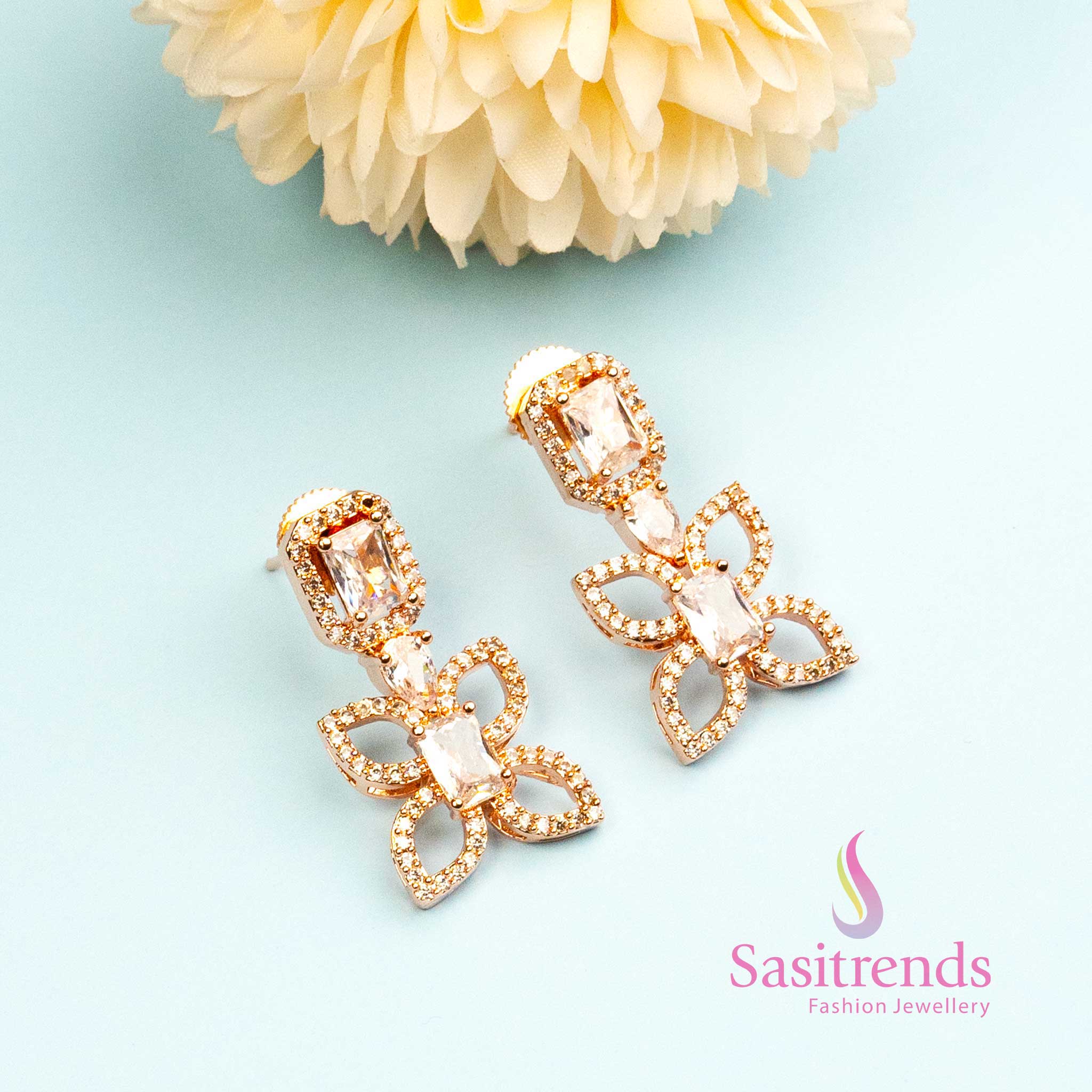 Elegant Butterfly-Inspired Rose Gold Plated Earrings with American Diamond Stones - Image 3