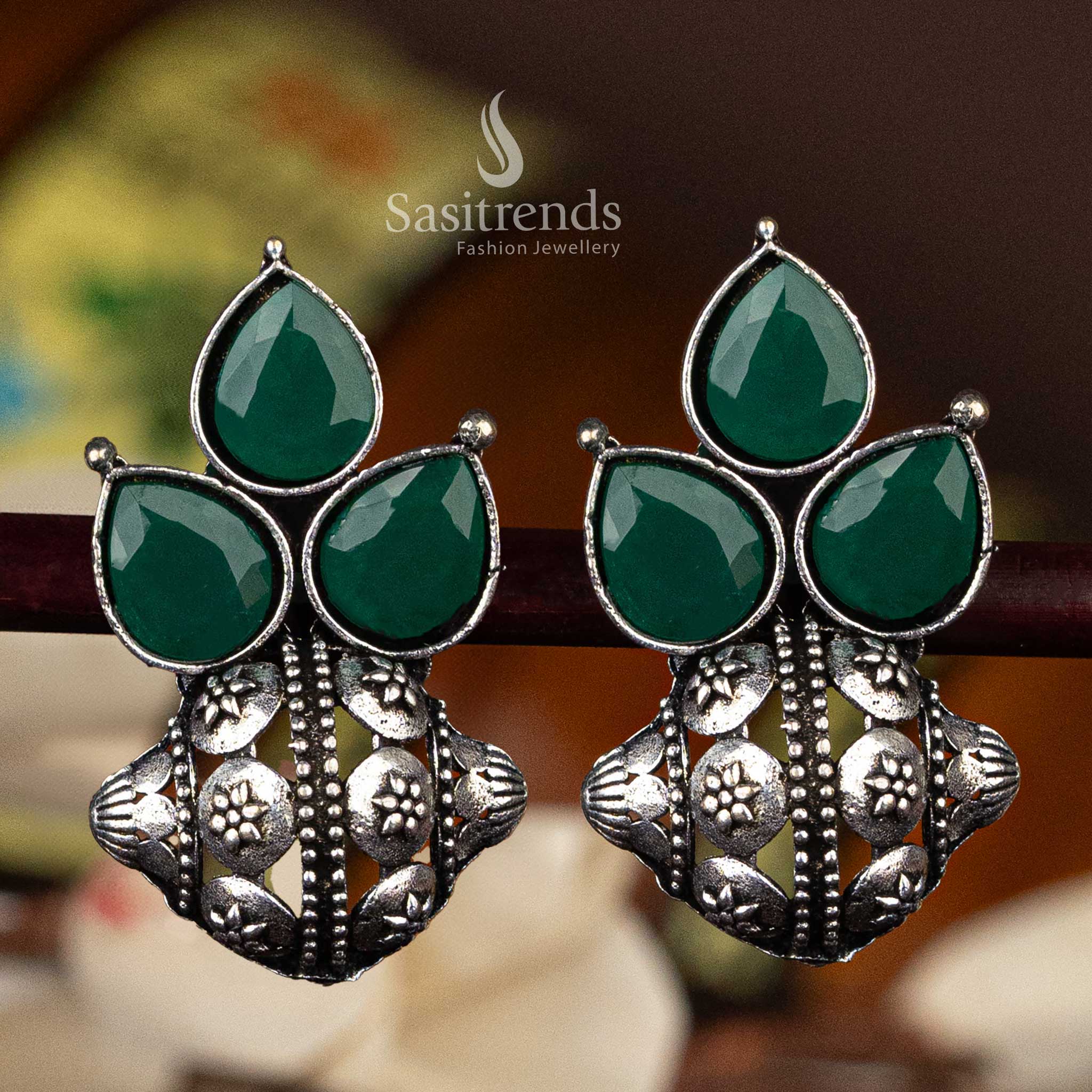 Elegant Oxidised Silver Earrings with Floral and Pear-Shaped Motif Stones  - Sasitrends - Image 2