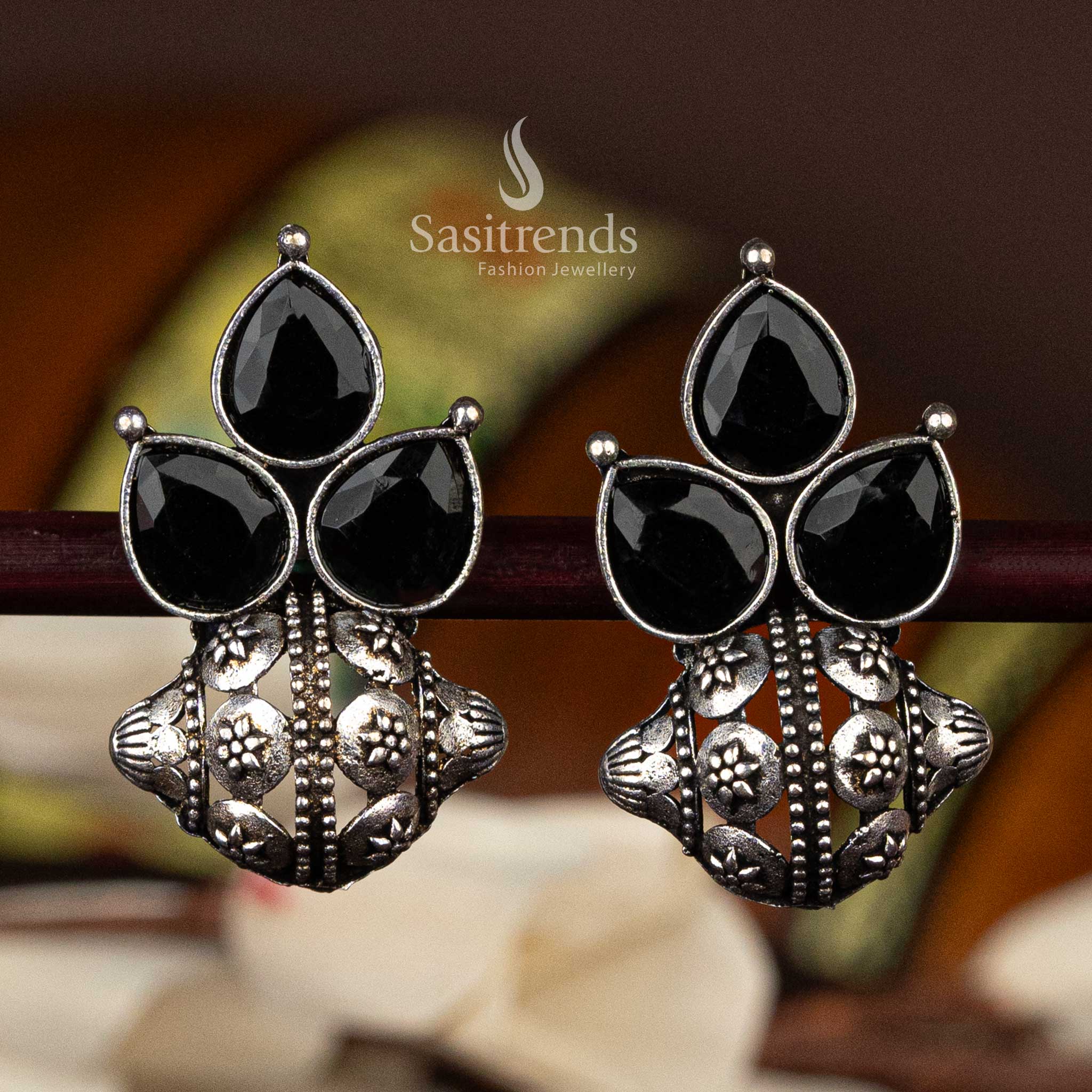 Elegant Oxidised Silver Earrings with Floral and Pear-Shaped Motif Stones  - Sasitrends - Image 4