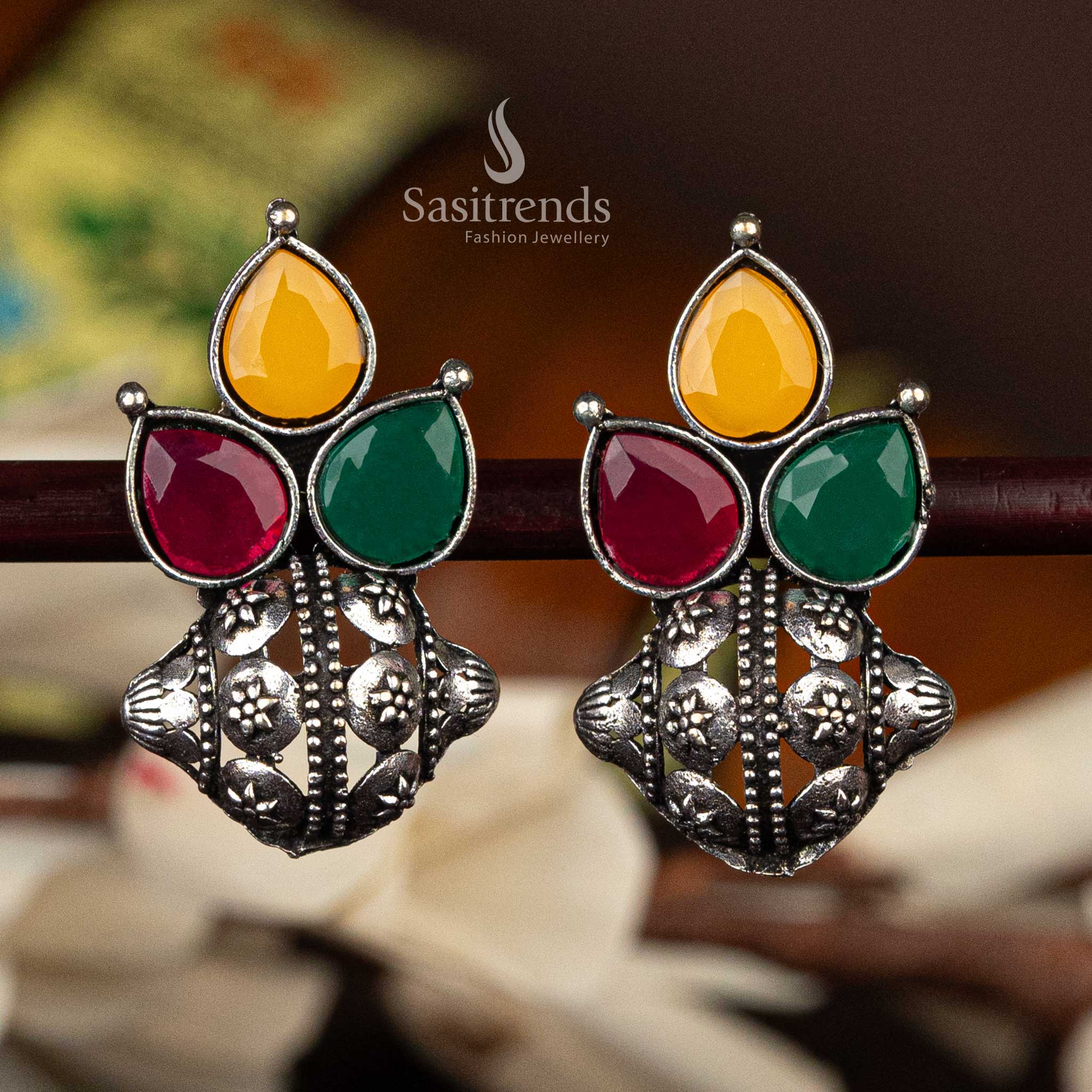 Elegant Oxidised Silver Earrings with Floral and Pear-Shaped Motif Stones  - Sasitrends - Image 7