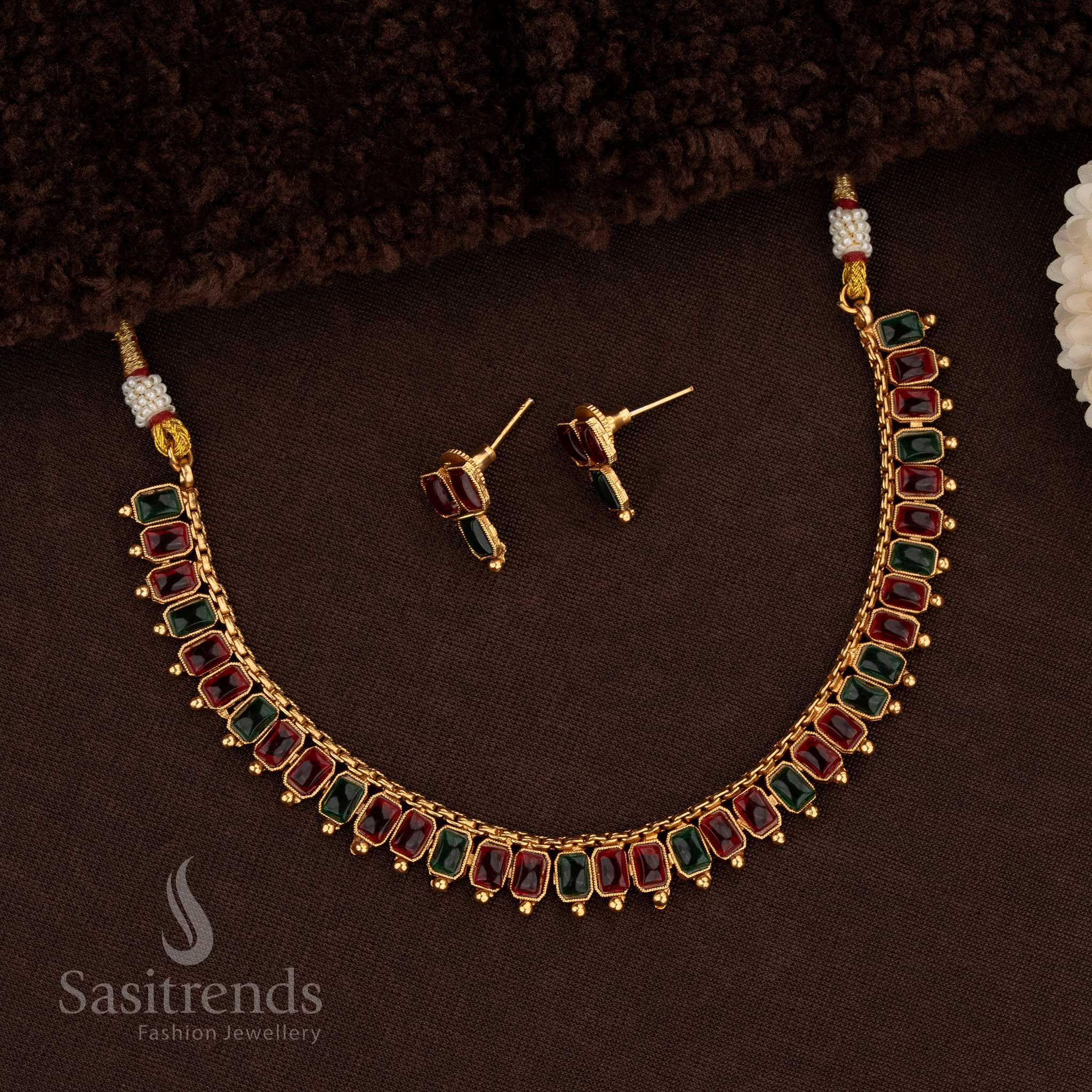 Stunning Classic Matte Gold Plated Necklace Jewellery Set with Rectangular Stones - Sasitrends - Image 3