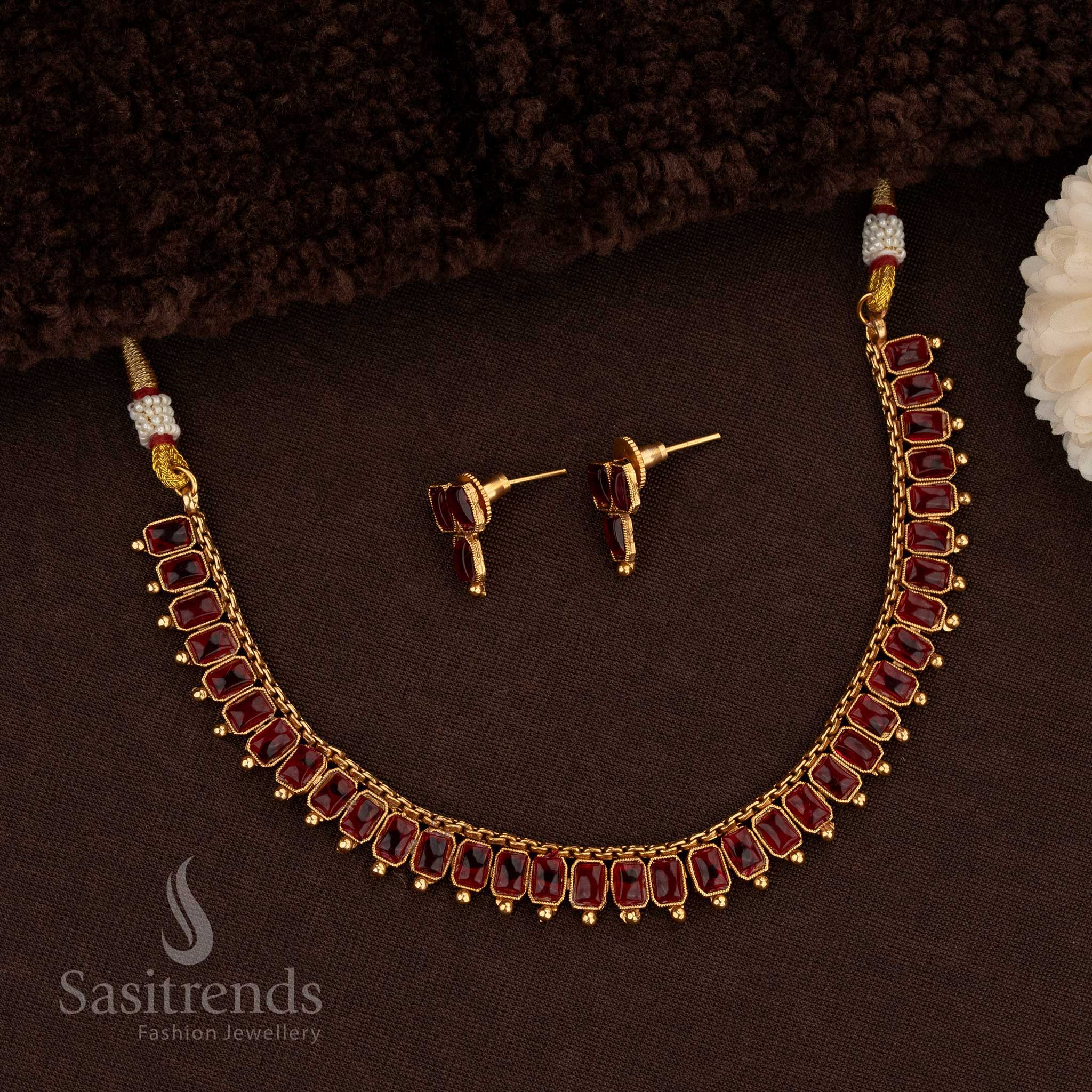 Stunning Classic Matte Gold Plated Necklace Jewellery Set with Rectangular Stones - Sasitrends - Image 4