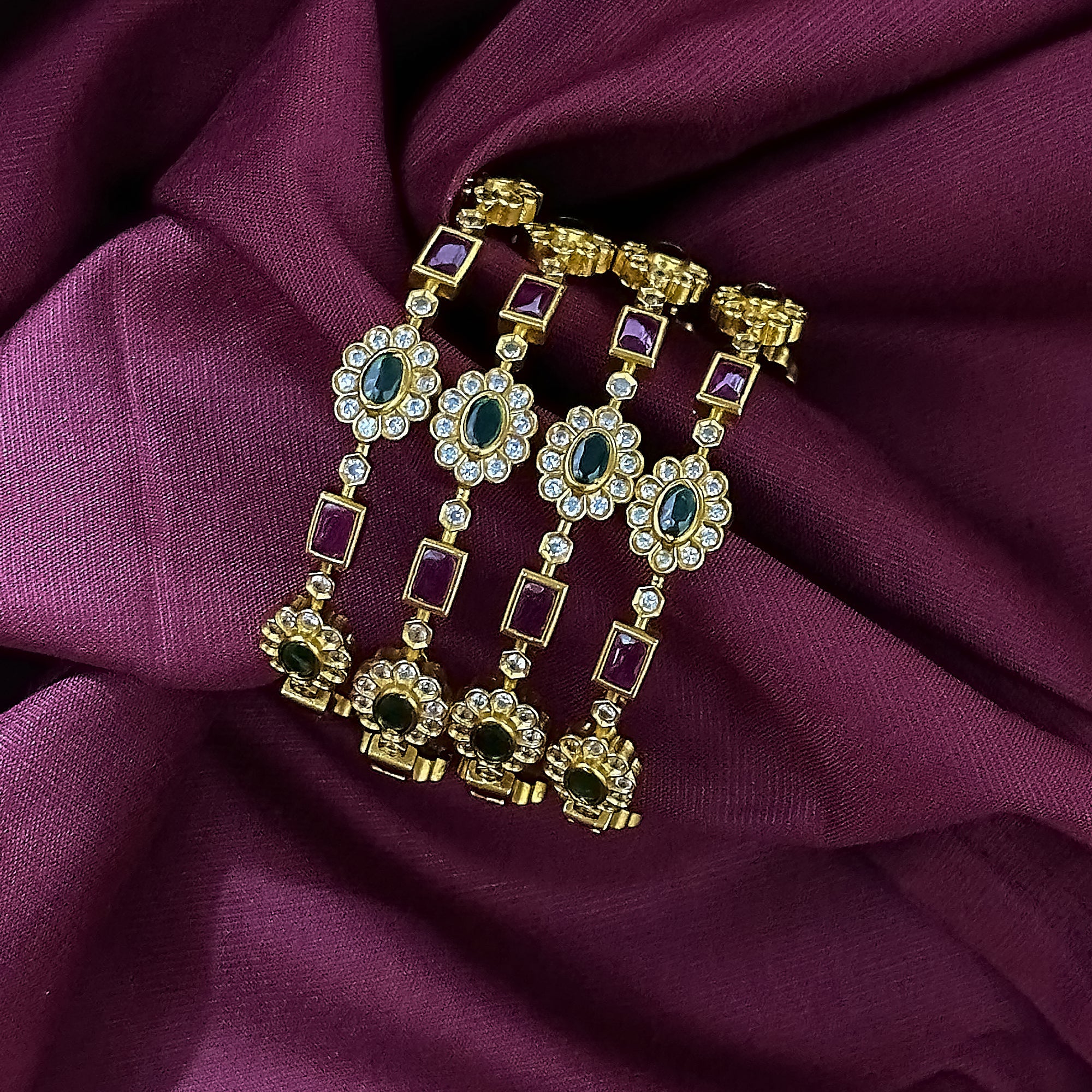 Elegant Floral Symphony: Set of 4 Temple Matte Gold Bangles - Image 3