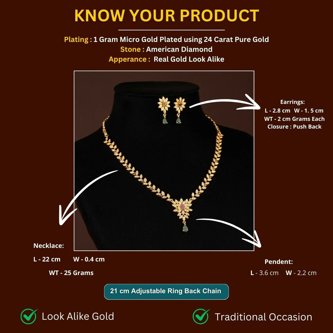Elegant Floral Motif One Gram Micro Gold Plated American Diamond Necklace Jewellery Set - Sasitrends - Image 4