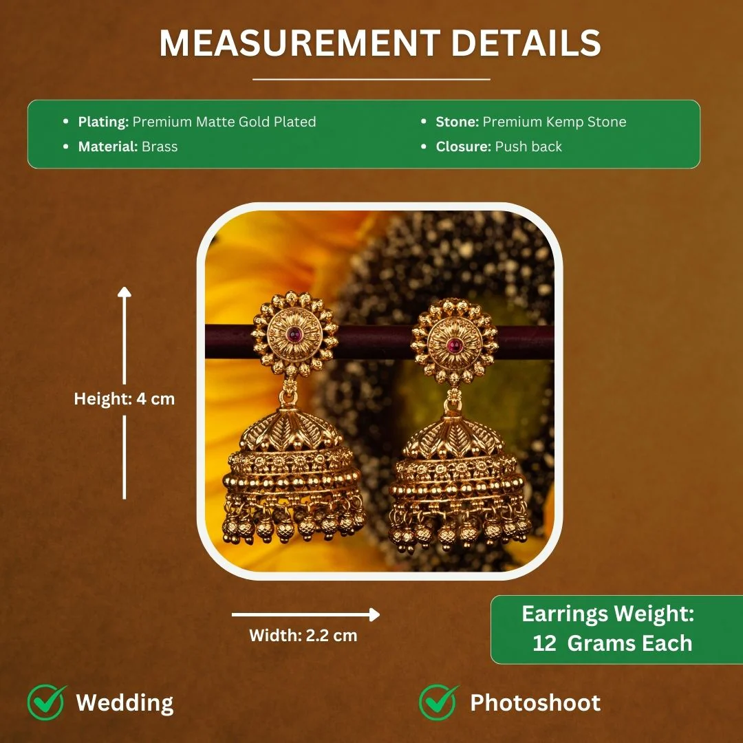 Elegant Floral Top Temple Matte Gold Jhumka Earrings with Ruby and Green Accents | Perfect for Weddings and Traditional Occasions - Sasitrends - Image 3