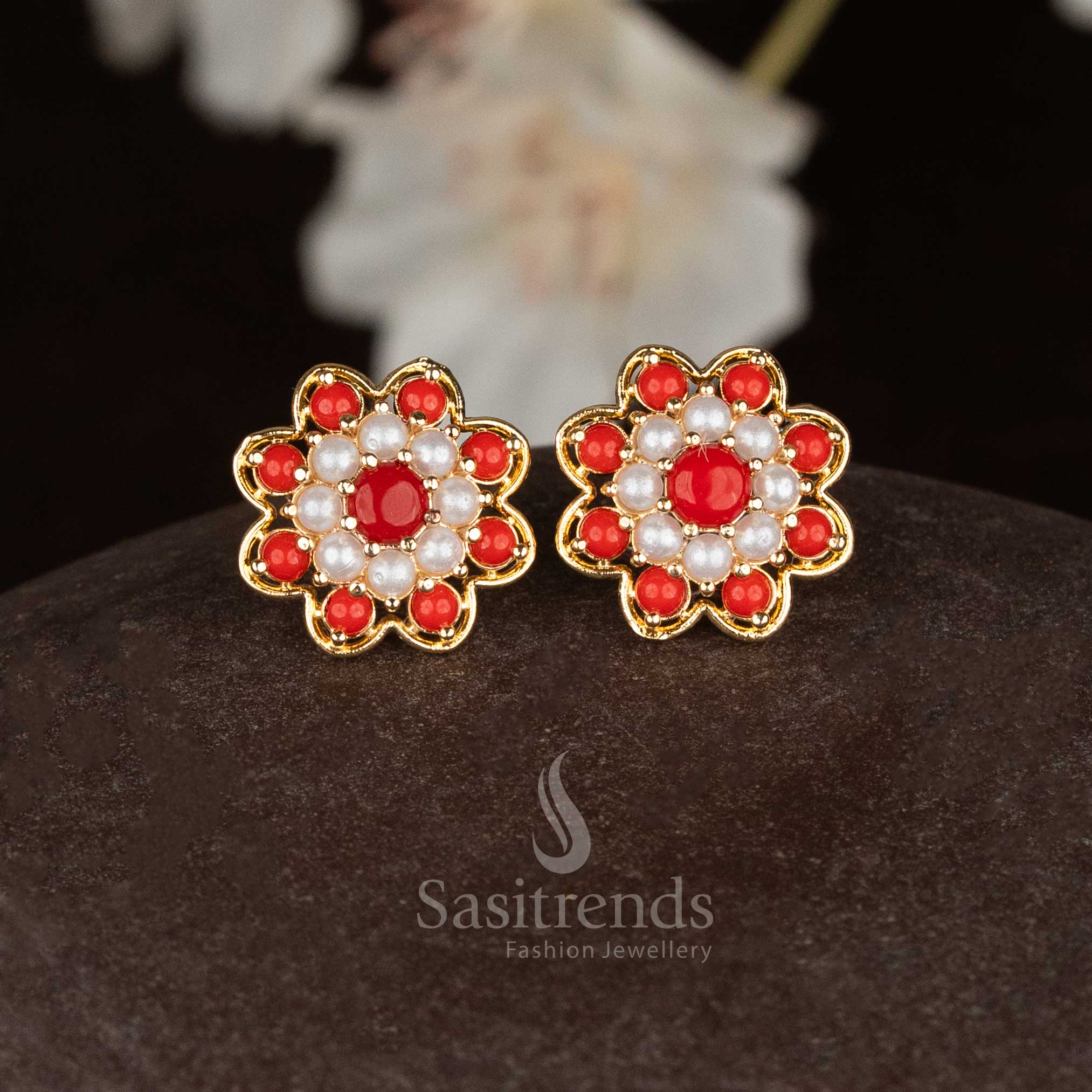 Guaranteed Micro Gold Plated Pearl Pavalam Navarathnam Floral Screw Stud Earrings for Festive Occasions - Image 2