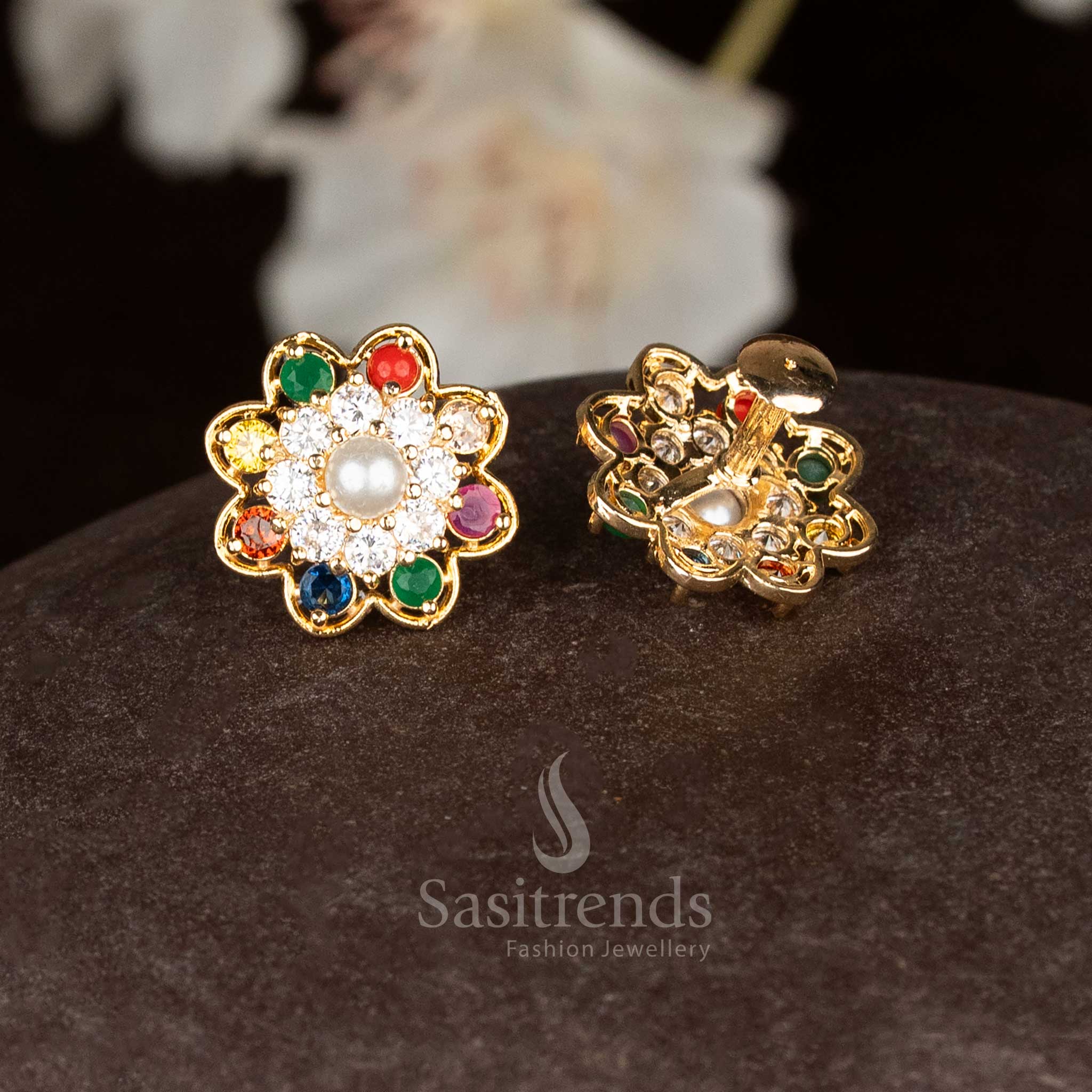 Guaranteed Micro Gold Plated Pearl Pavalam Navarathnam Floral Screw Stud Earrings for Festive Occasions - Image 5