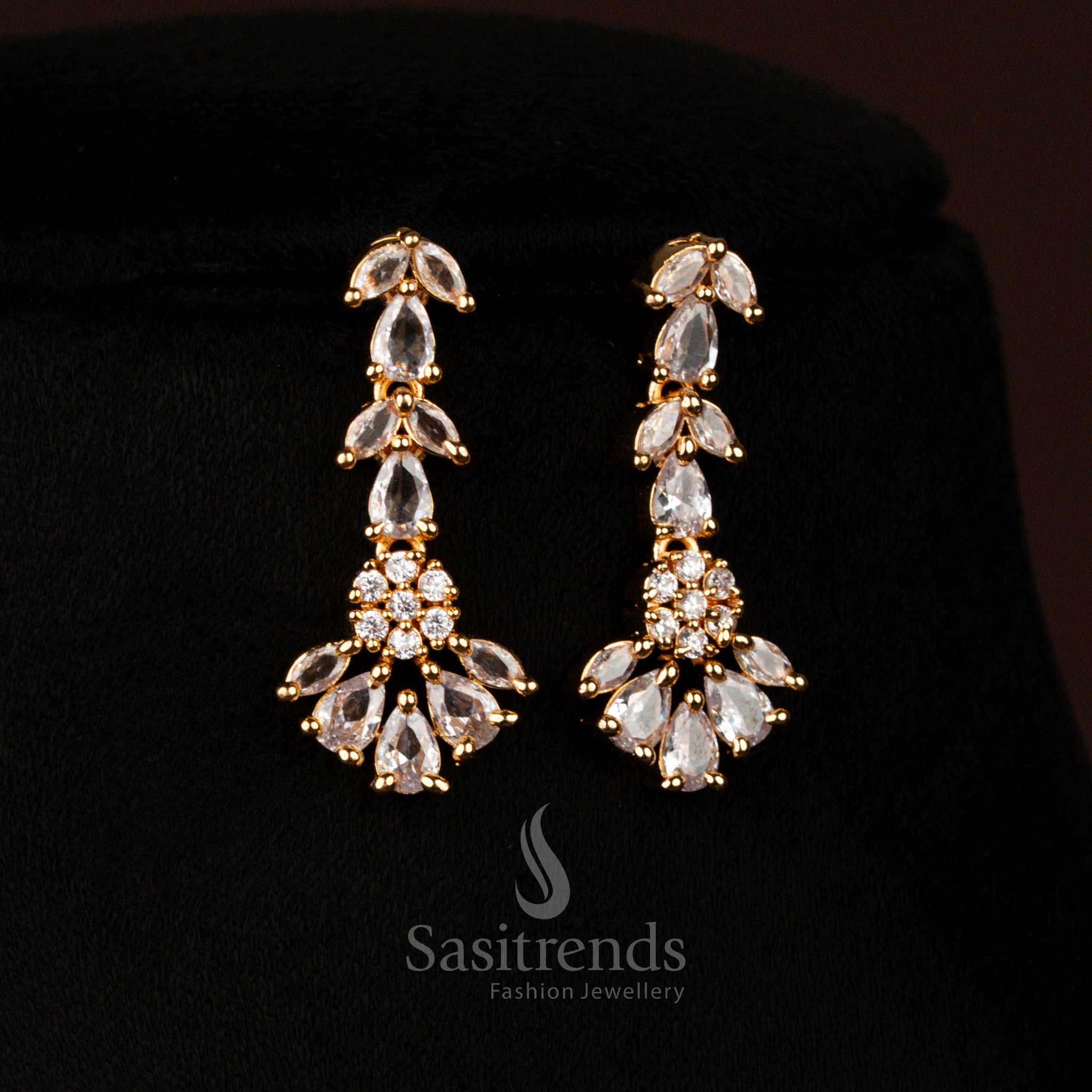 Elegant Micro Gold Plated White American Diamond Waterdrop Marquise Stone Necklace Set for Party Wear - Image 3