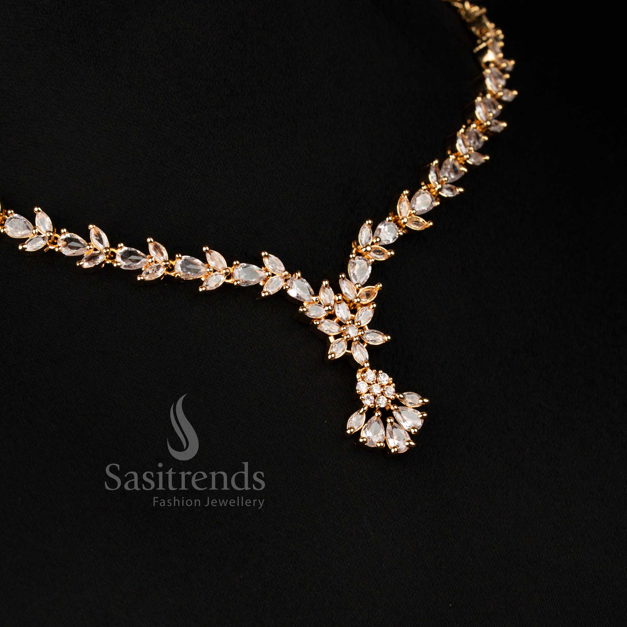 Elegant Micro Gold Plated White American Diamond Waterdrop Marquise Stone Necklace Set for Party Wear - Image 4