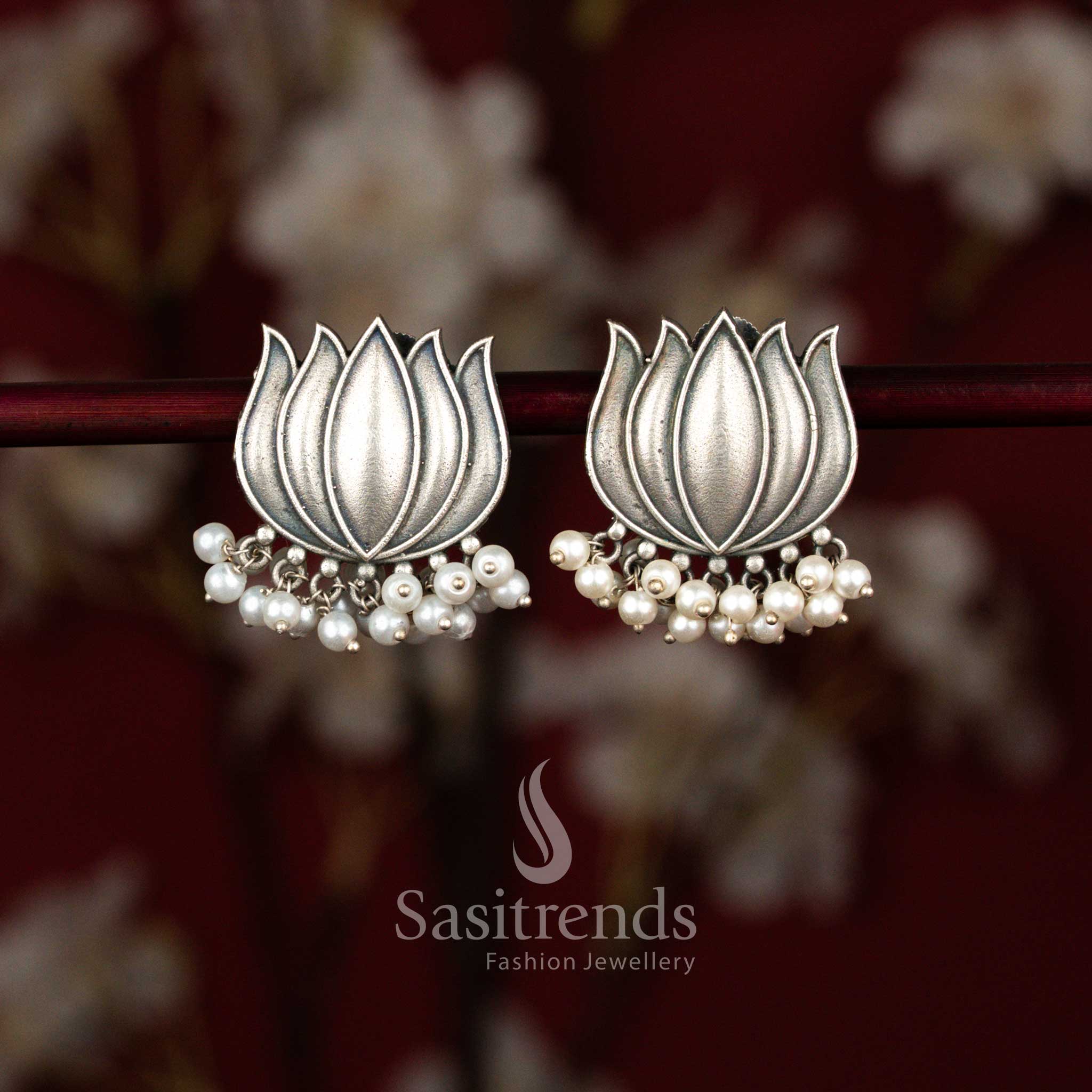 Elegant Oxidised Silver Lotus Motif Earrings with Pearl Drop Hangings for Ethnic Wear
