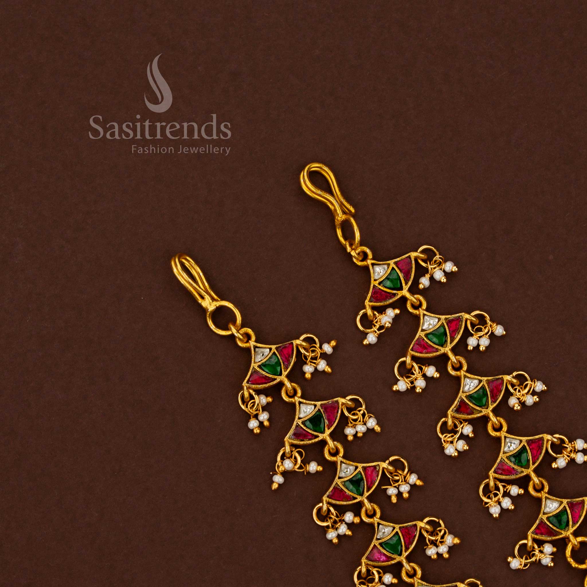 Elegant Jadau Kundan Gold Plated Tier-Drop Floral Branch Silhouette Pearl Straight Matil – Bridal Heritage Jewellery with Royal Finish - Image 6