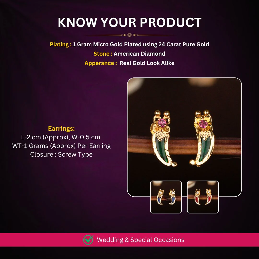 Kerala-Style One Gram Micro Gold Plated Palakka Tiger Nail Earrings with AD Stones – Traditional & Festive Wear - Sasitrends - Image 2
