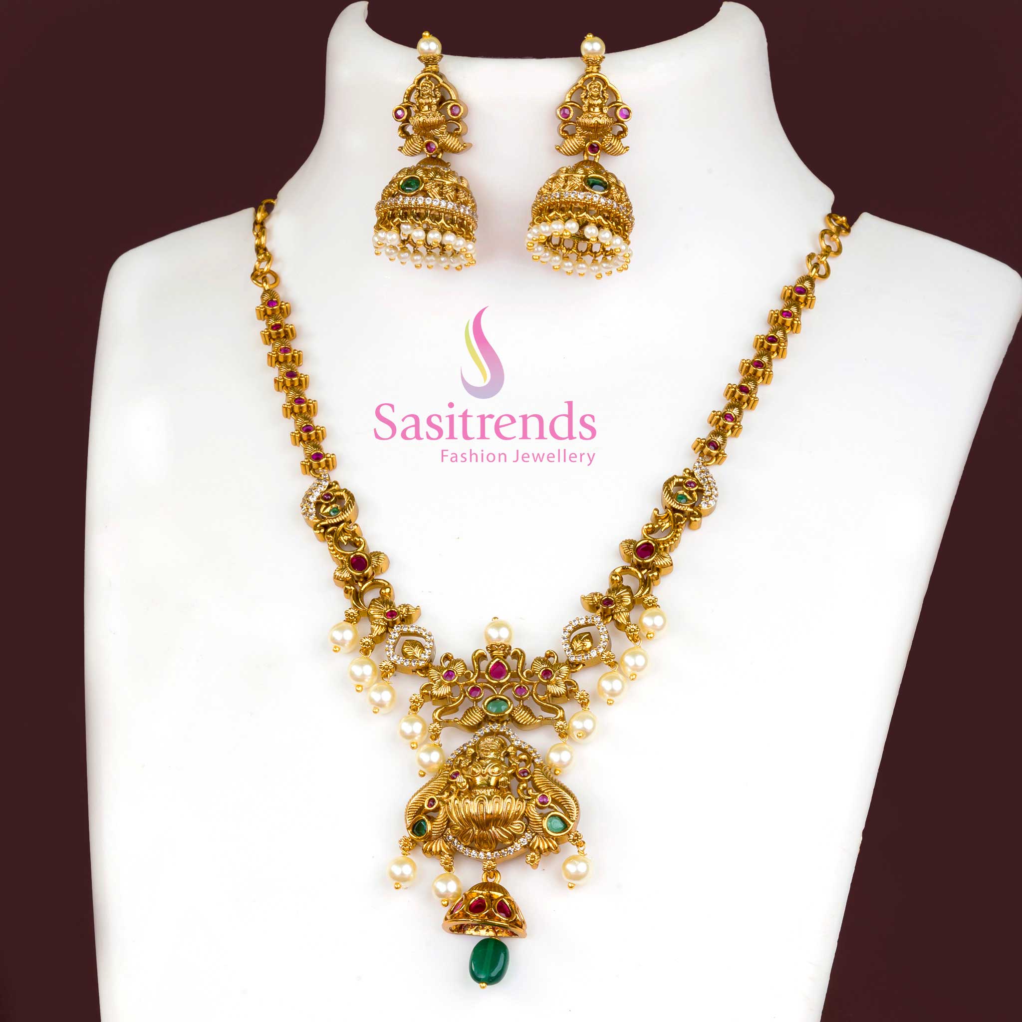Exquisite Temple Matte Gold Plated Lakshmi Designer Necklace Jewellery Set | Sasitrends - Image 2