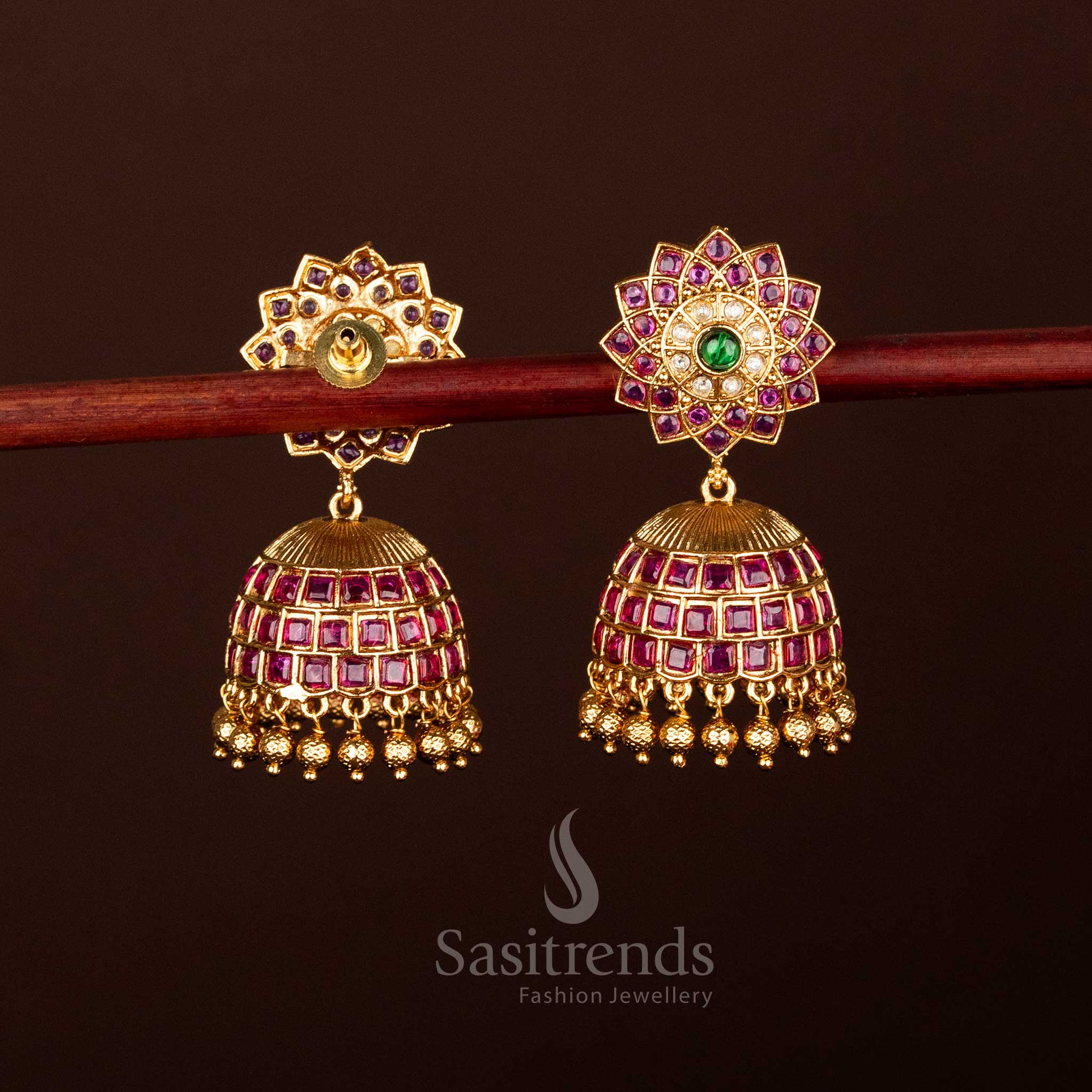 Elegant Lotus Glow Matte Gold Plated Temple Jhumka Earrings Adorned with Round and Square Stones - Image 2