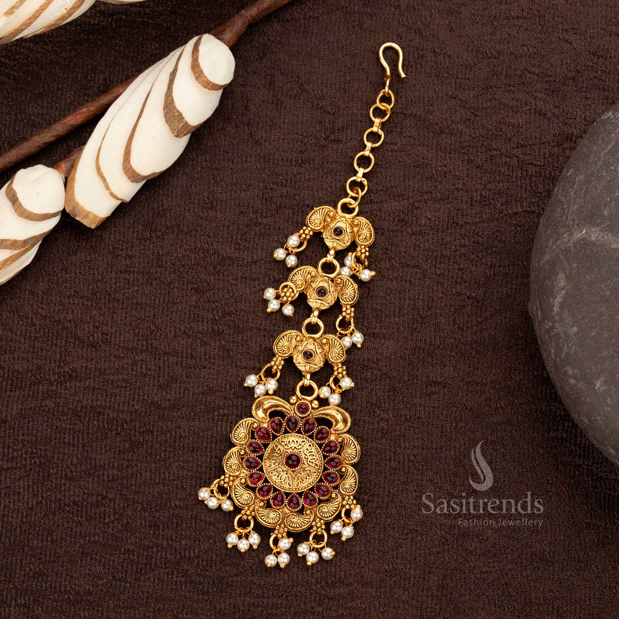 Traditional Classic Matte Gold Plated Floral Maang Tikka with Pearl Hangings -  Sasitrends - Image 4