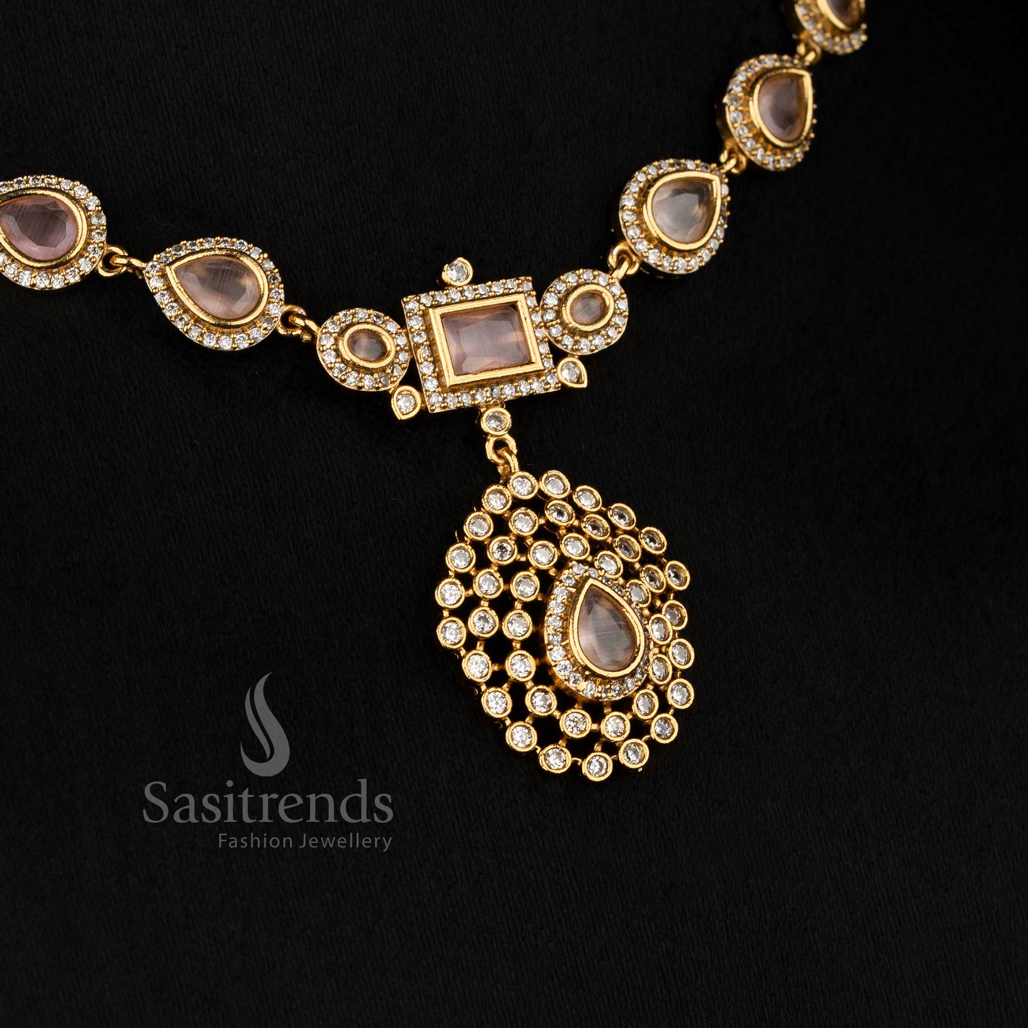 Amazing Matte Gold Plated American Diamond Teardrop with Rectangle Motif Short & Long Necklace Jewellery Set for Stylish Functions - Image 11