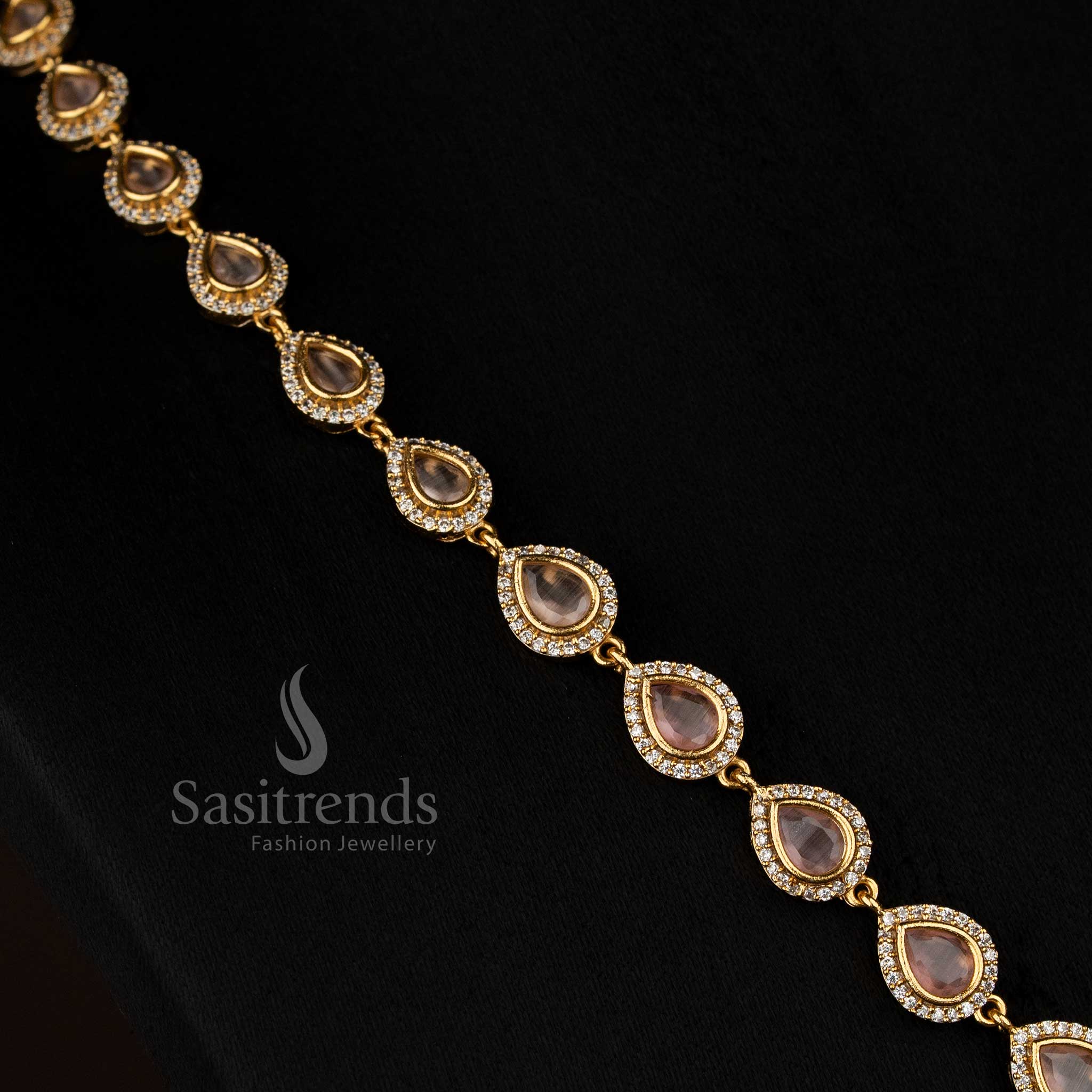 Amazing Matte Gold Plated American Diamond Teardrop with Rectangle Motif Short & Long Necklace Jewellery Set for Stylish Functions - Image 18