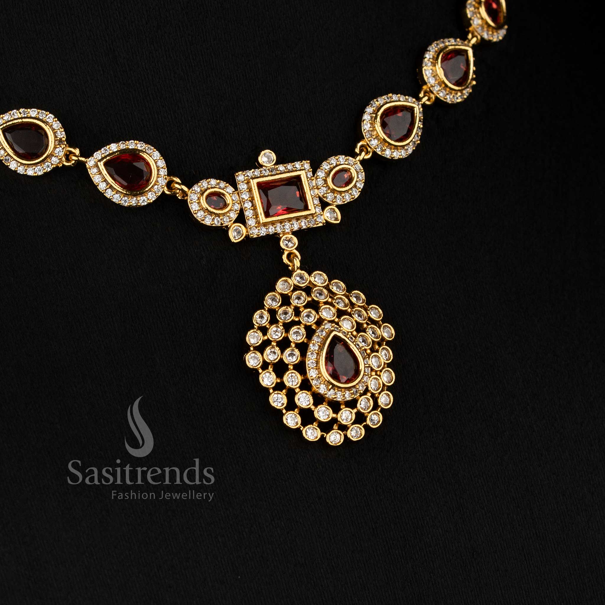 Amazing Matte Gold Plated American Diamond Teardrop with Rectangle Motif Short & Long Necklace Jewellery Set for Stylish Functions - Image 9