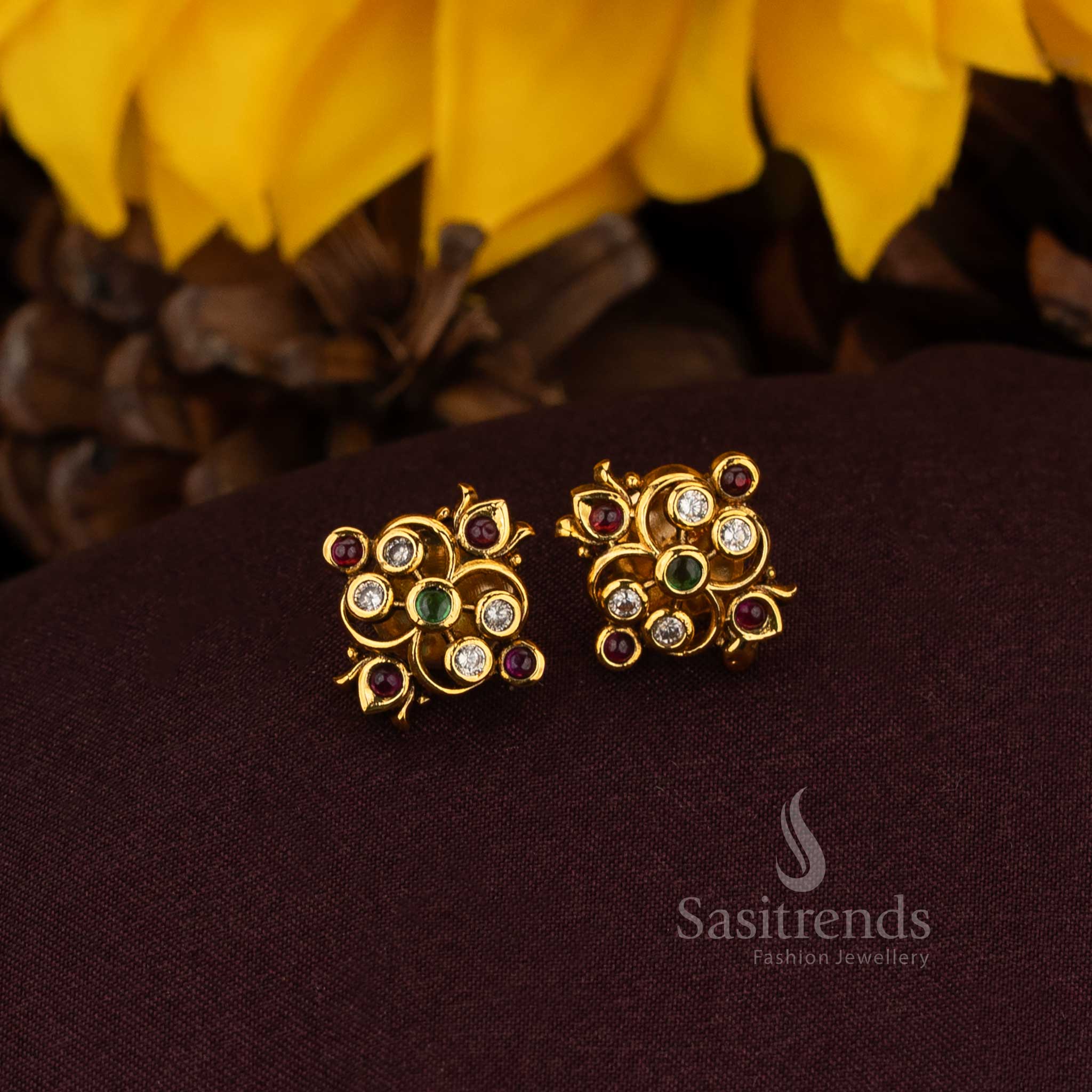 Graceful Matte Gold Plated Floral Cluster AD Stud Earrings for Festivals - Image 2