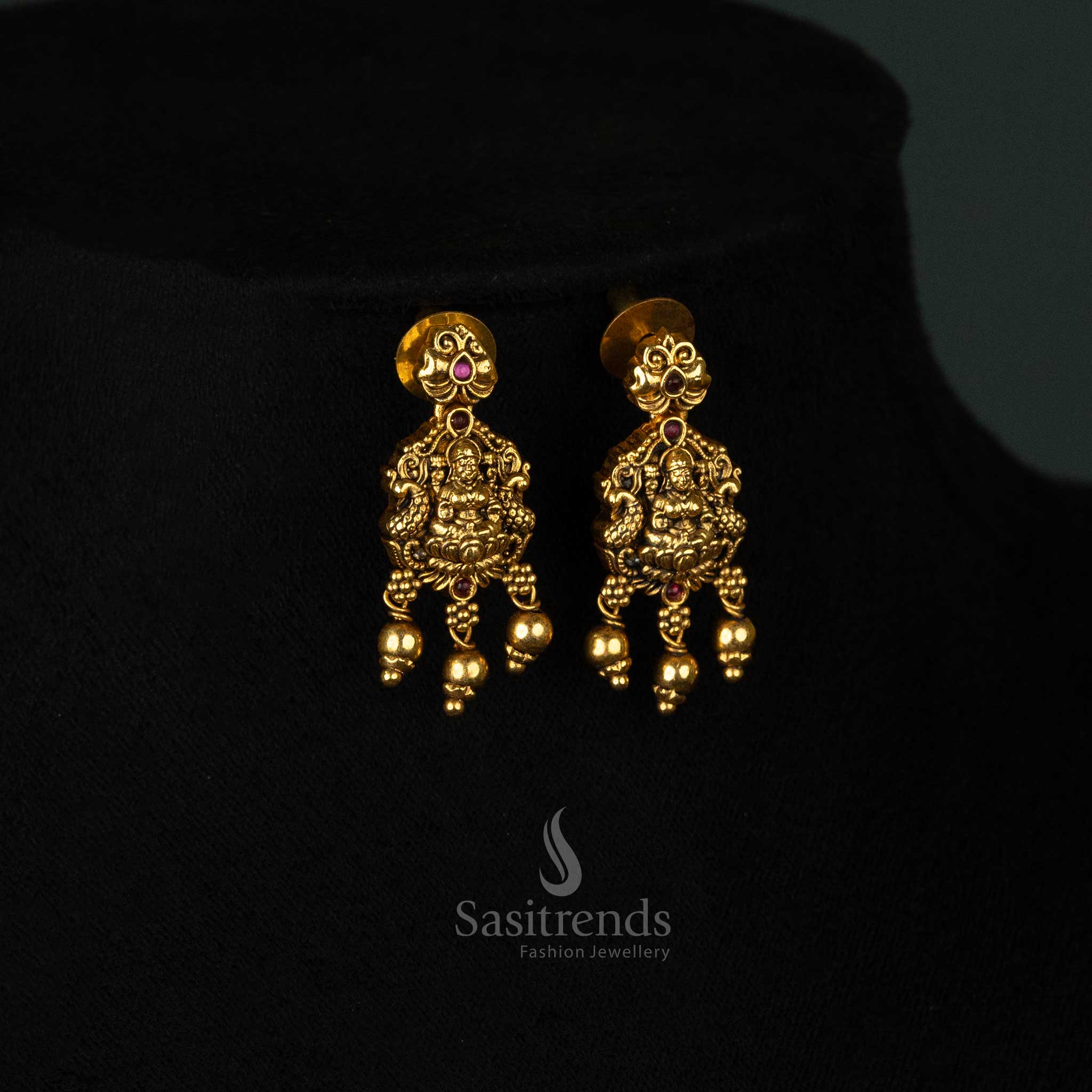 Divine Matte Gold Plated Temple Necklace Jewellery Set with Goddess Lakshmi Pendant, Dual Peacock Design & Golden Beads - Sasitrends - Image 2