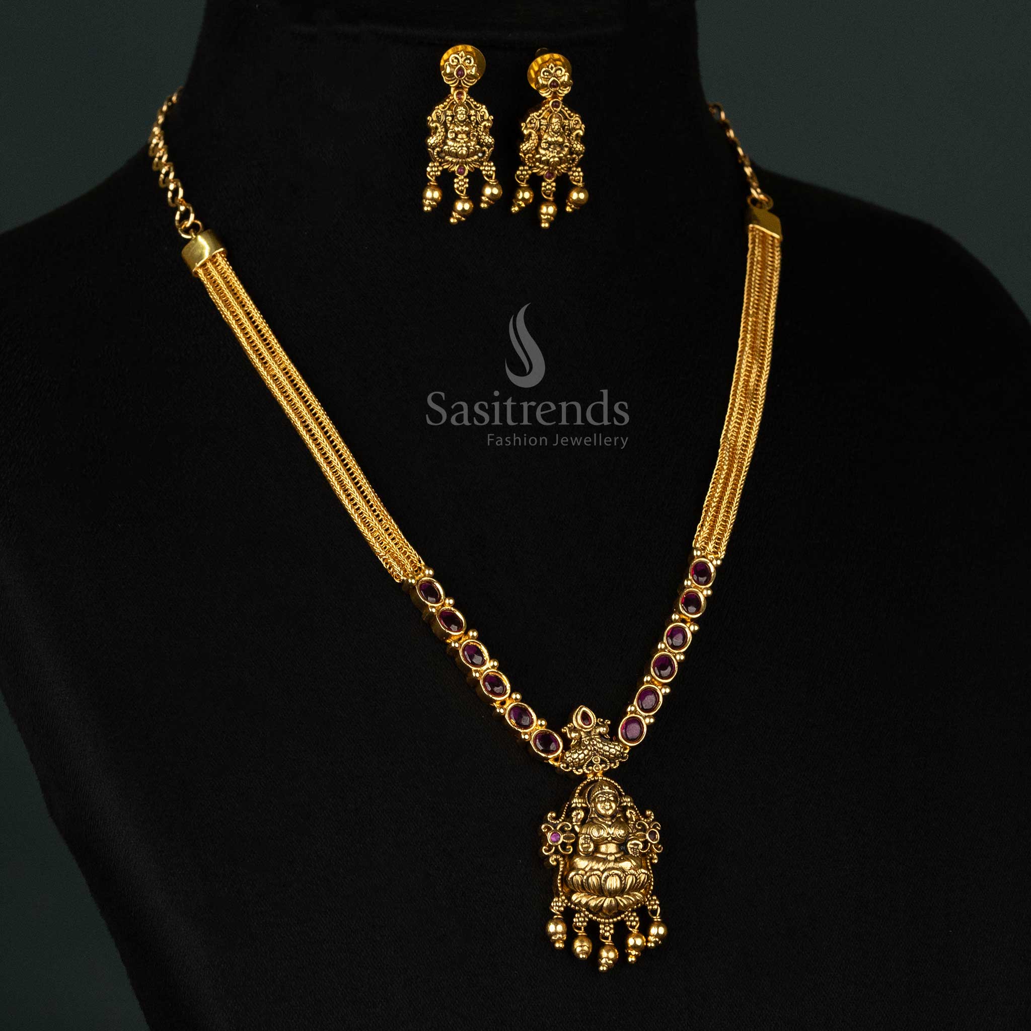 Divine Matte Gold Plated Temple Necklace Jewellery Set with Goddess Lakshmi Pendant, Dual Peacock Design & Golden Beads - Sasitrends - Image 3
