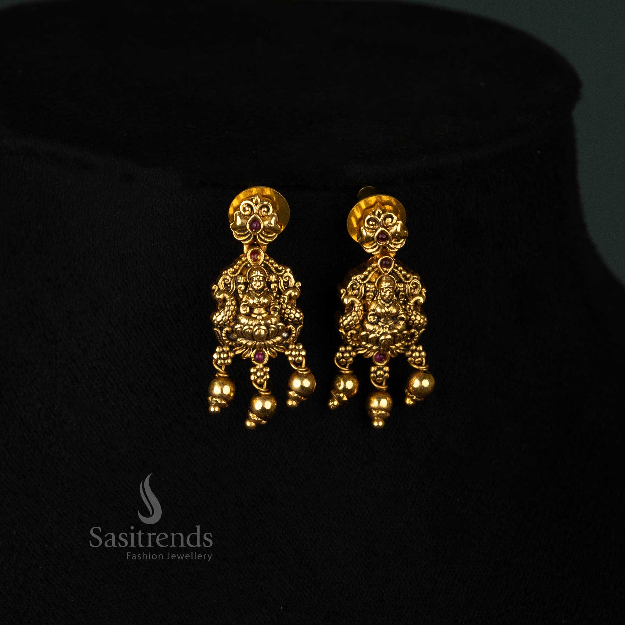 Divine Matte Gold Plated Temple Necklace Jewellery Set with Goddess Lakshmi Pendant, Dual Peacock Design & Golden Beads - Sasitrends - Image 5
