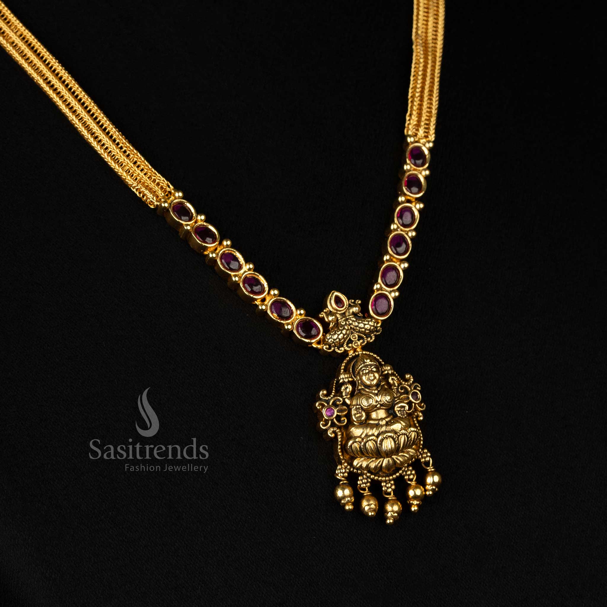 Divine Matte Gold Plated Temple Necklace Jewellery Set with Goddess Lakshmi Pendant, Dual Peacock Design & Golden Beads - Sasitrends - Image 6