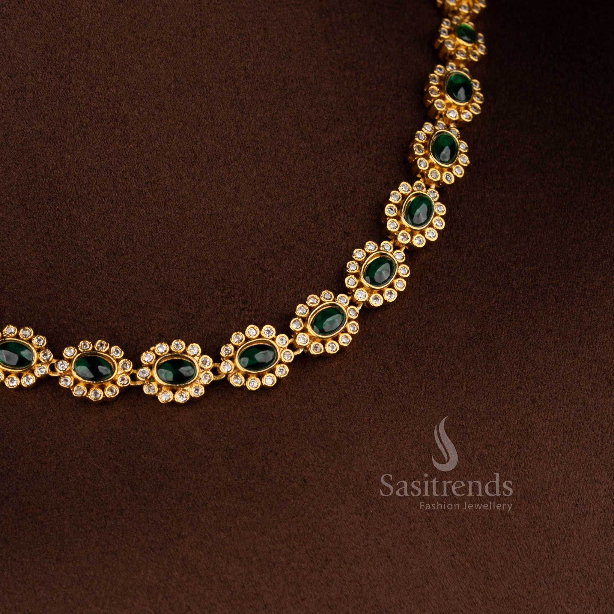 Amazing Matte Gold Plated Oval Floral AD Necklace Set for Silk Sarees, Festive Kurtis & Traditional Occasions - Image 13