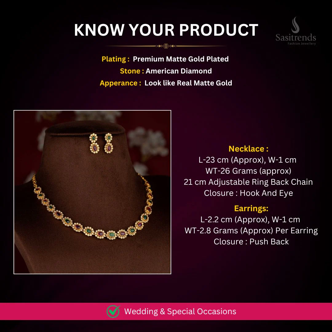 Amazing Matte Gold Plated Oval Floral AD Necklace Set for Silk Sarees, Festive Kurtis & Traditional Occasions - Image 2