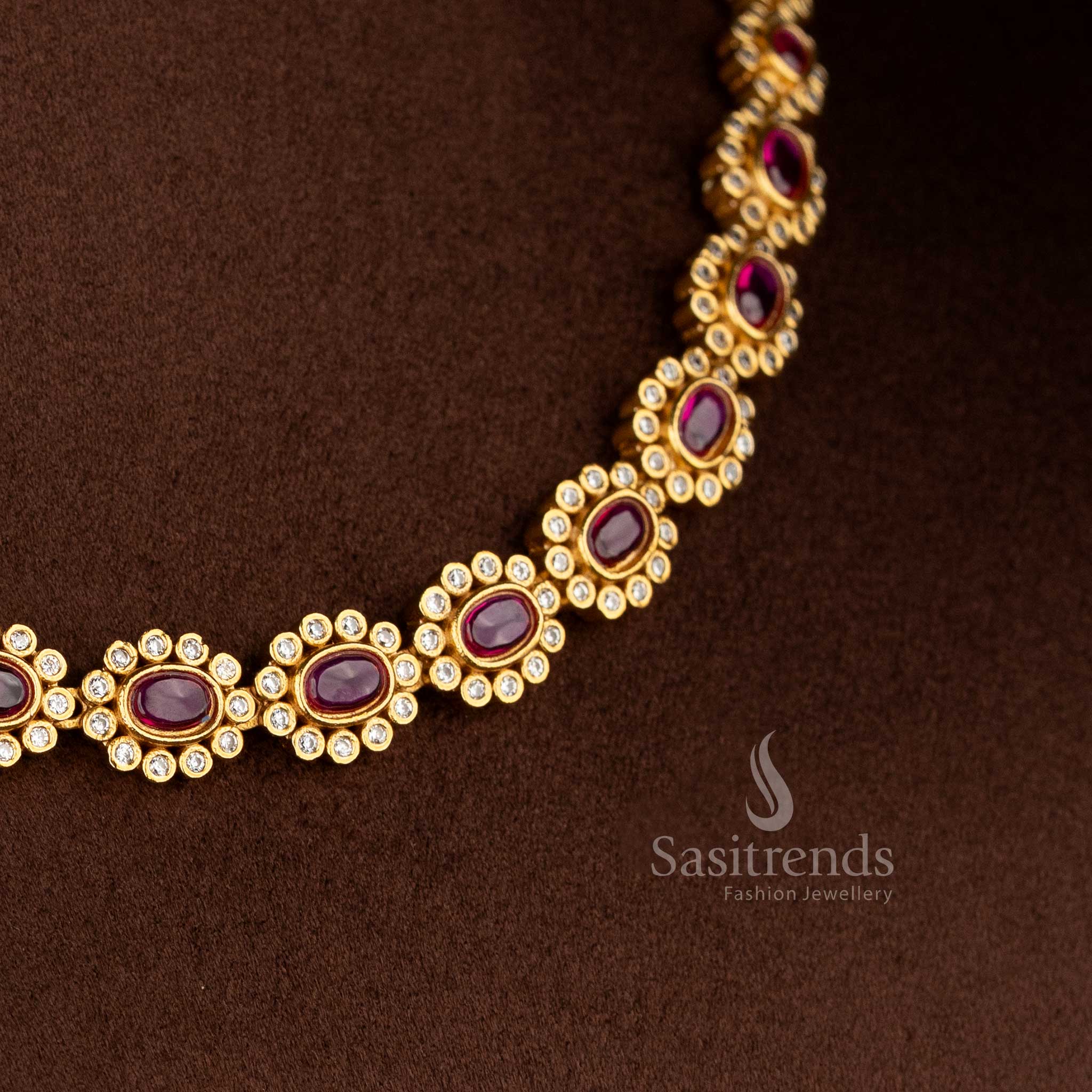 Amazing Matte Gold Plated Oval Floral AD Necklace Set for Silk Sarees, Festive Kurtis & Traditional Occasions - Image 3