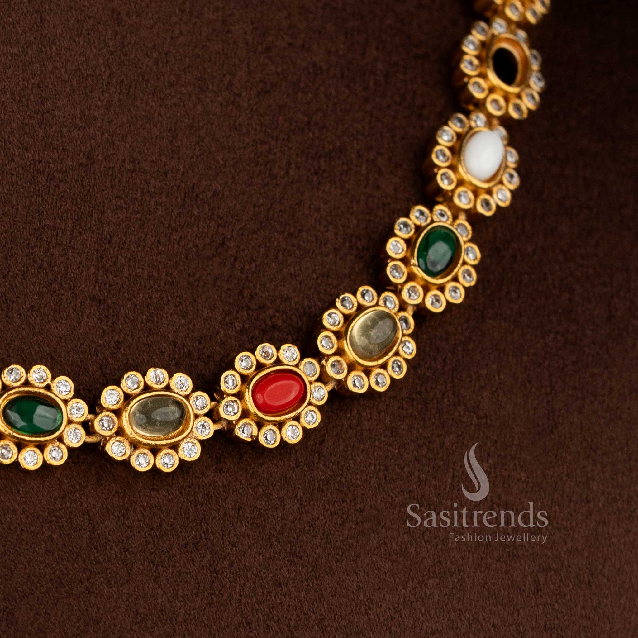 Amazing Matte Gold Plated Oval Floral AD Necklace Set for Silk Sarees, Festive Kurtis & Traditional Occasions - Image 8