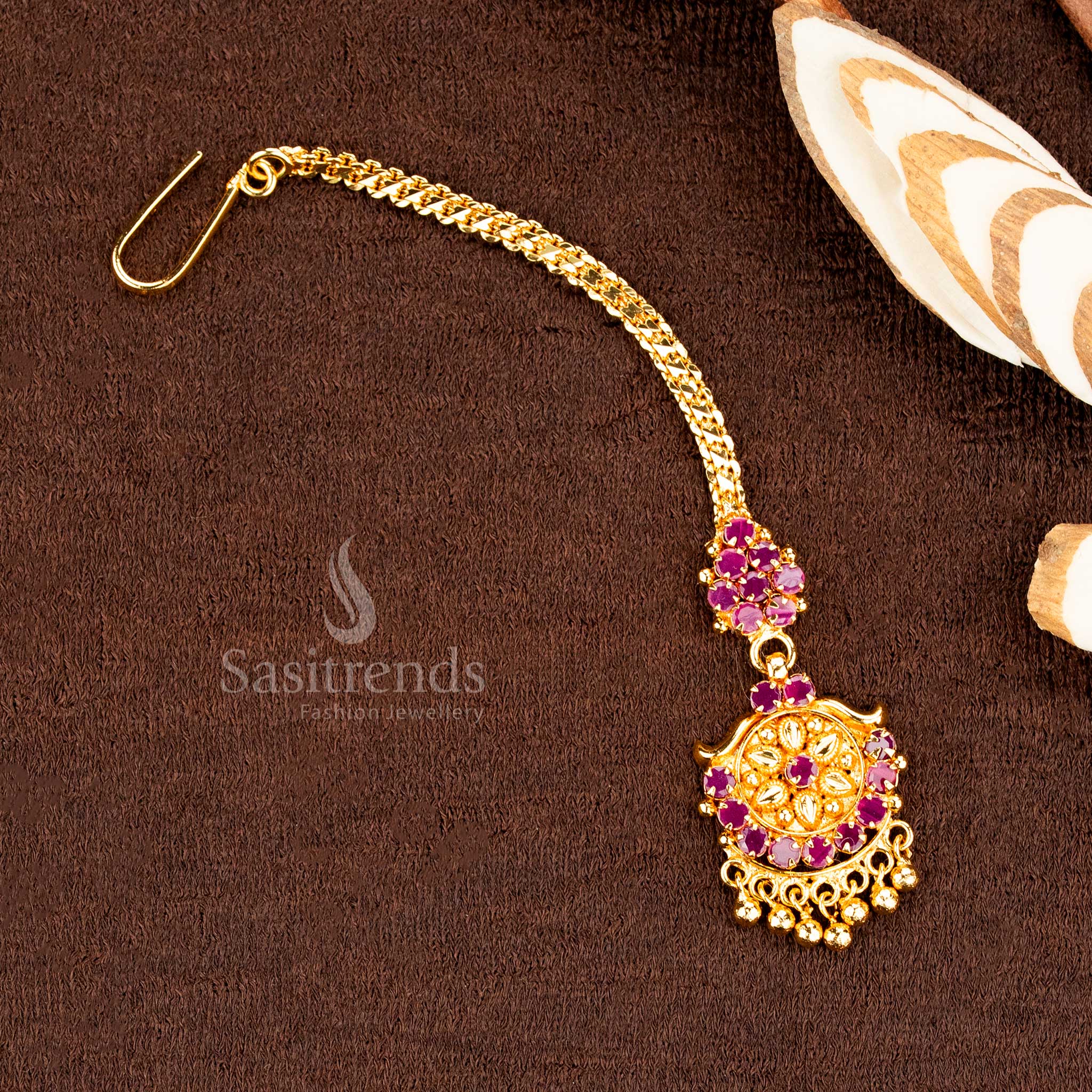 Amazing Collection Of Micro Gold Plated Traditional AD Stone Floral Tikka with Hanging Ball Design  - Sasitrends - Image 3