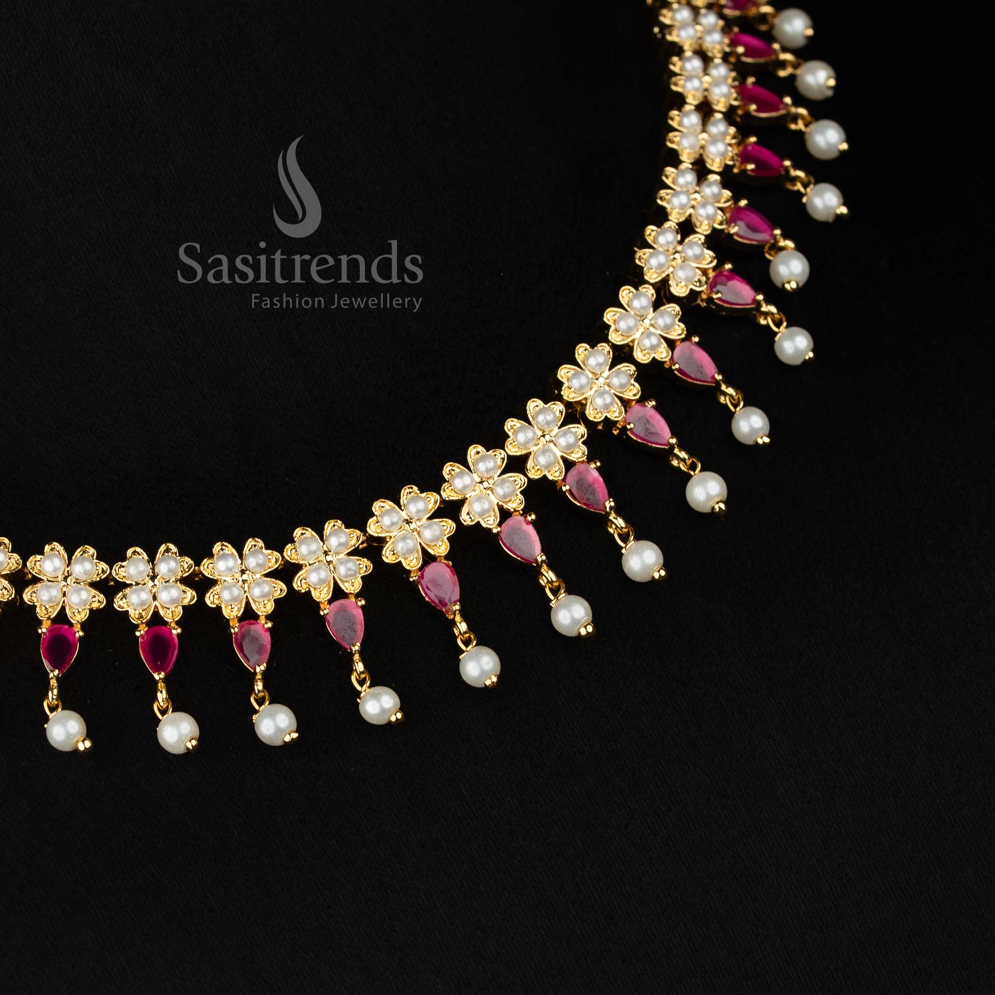 Elegant Micro Gold Plated American Diamond 4 Fringes Floral Teardrop Necklace Set with Pearl Drops for Festive Wear - Image 5